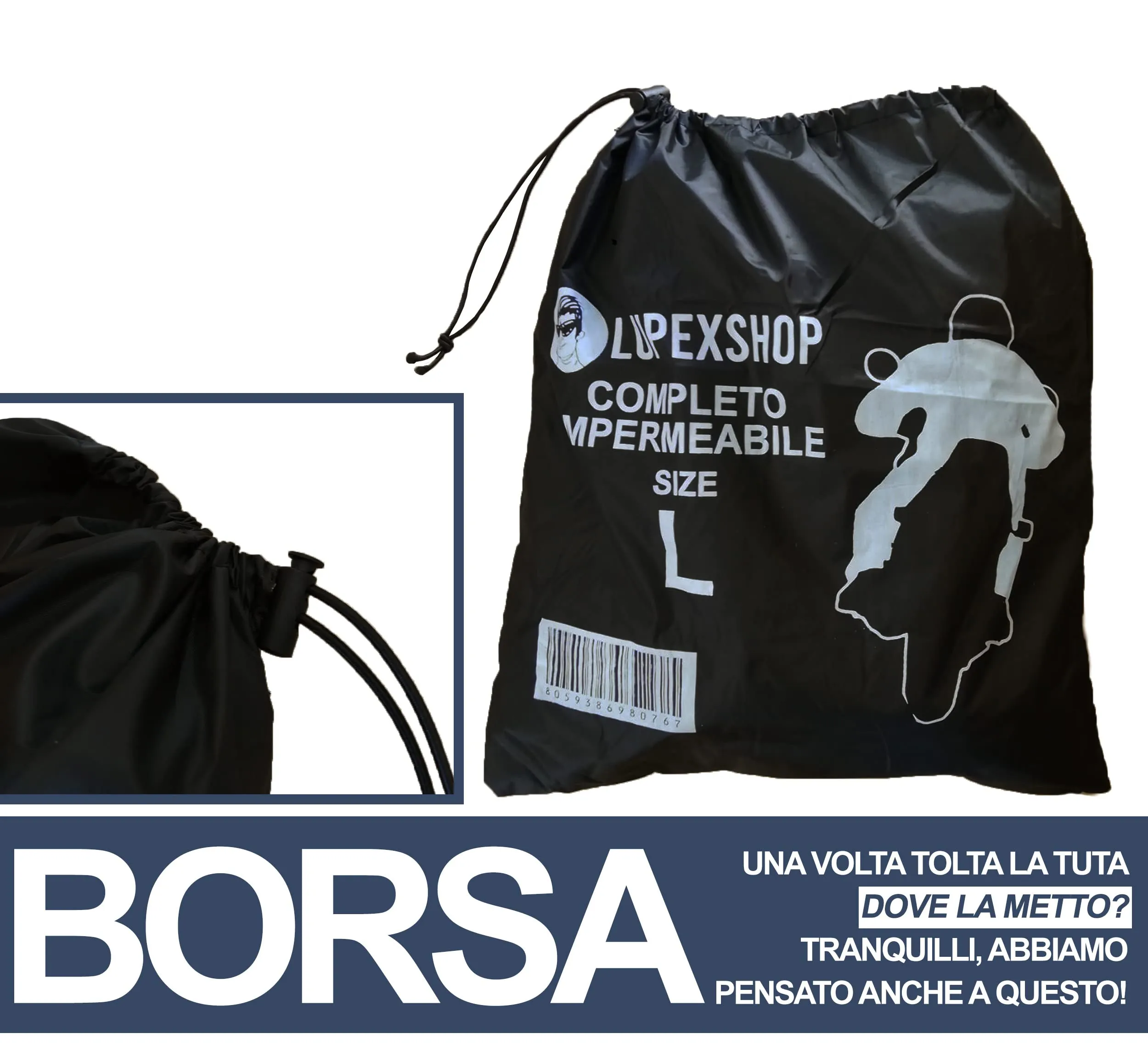 Auto Accessori Lupex Tuta Moto Impermeabile Antipioggia e Antivento, Giacca e Pantalone con Cappuccio, XL, Nero, Unisex - immagine 6
