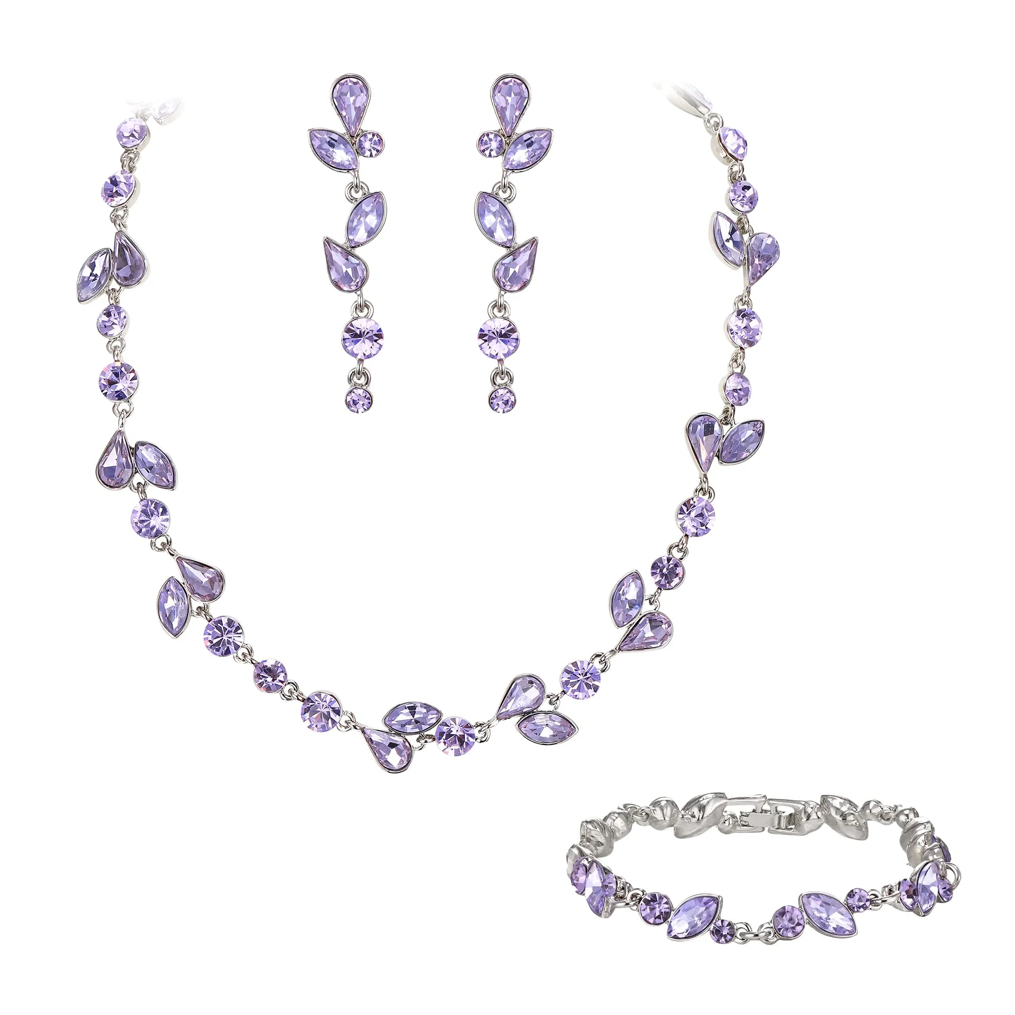 EVER FAITH Set di gioielli da sposa con cristalli a foglia, collana, orecchini e bracciale, viola chiaro argento - immagine 1
