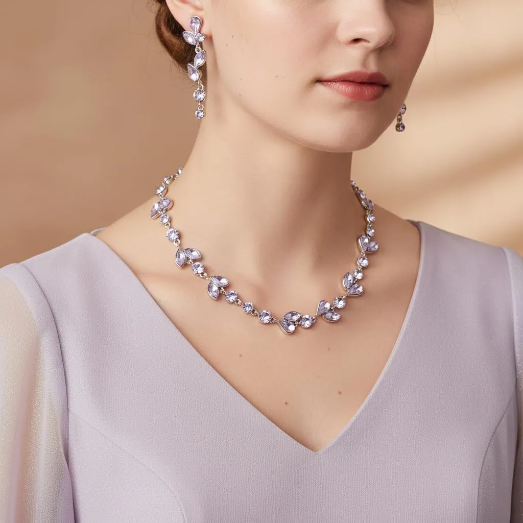 EVER FAITH Set di gioielli da sposa con cristalli a foglia, collana, orecchini e bracciale, viola chiaro argento - immagine 2