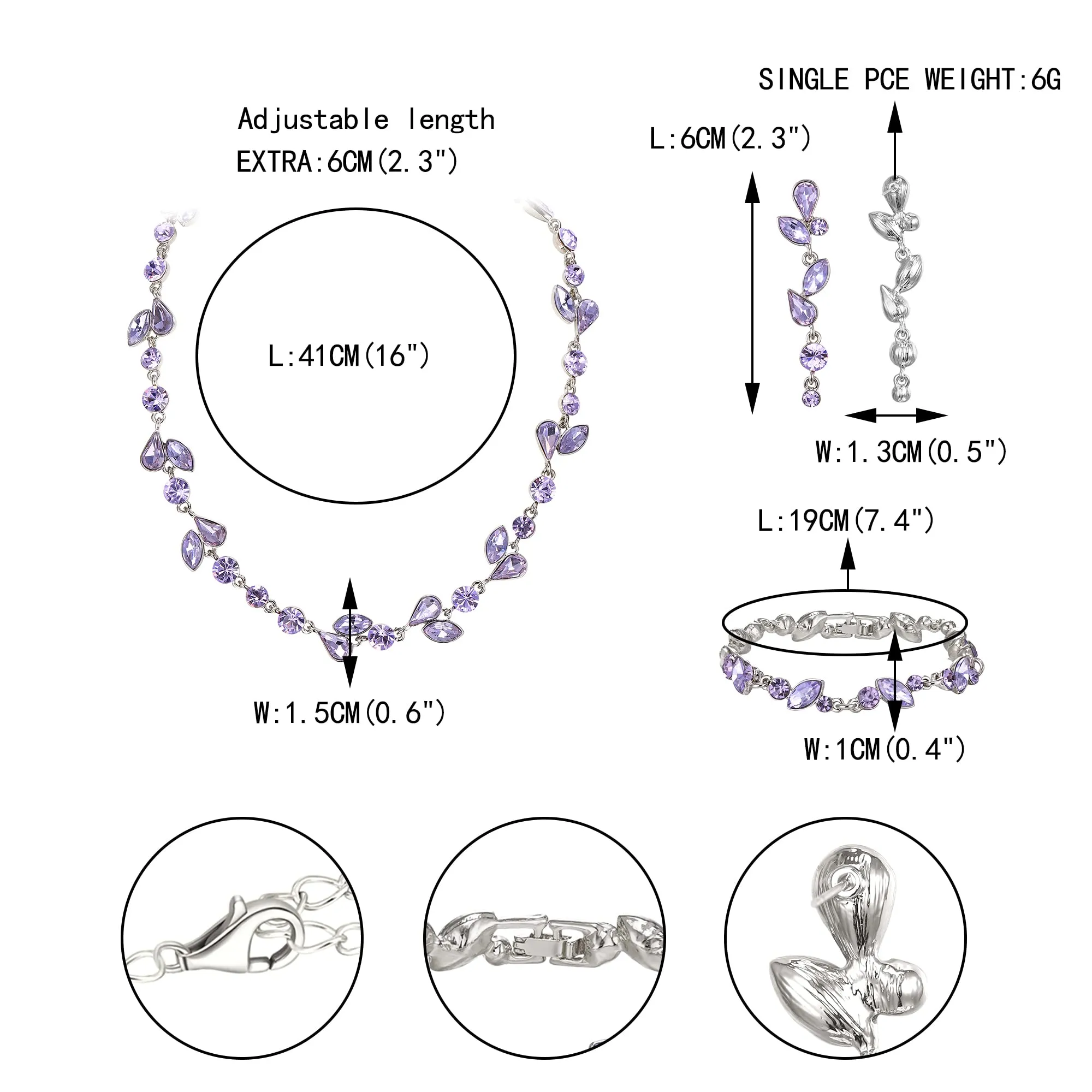 EVER FAITH Set di gioielli da sposa con cristalli a foglia, collana, orecchini e bracciale, viola chiaro argento - immagine 4