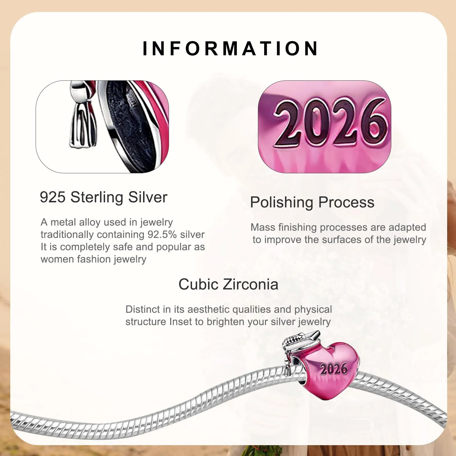 Rimgoris 925 Sterling Silver Pink Heart 2025 Bachelor's Hat Dangle Charm with Zirconia for Bracelet and Necklace - immagine 3