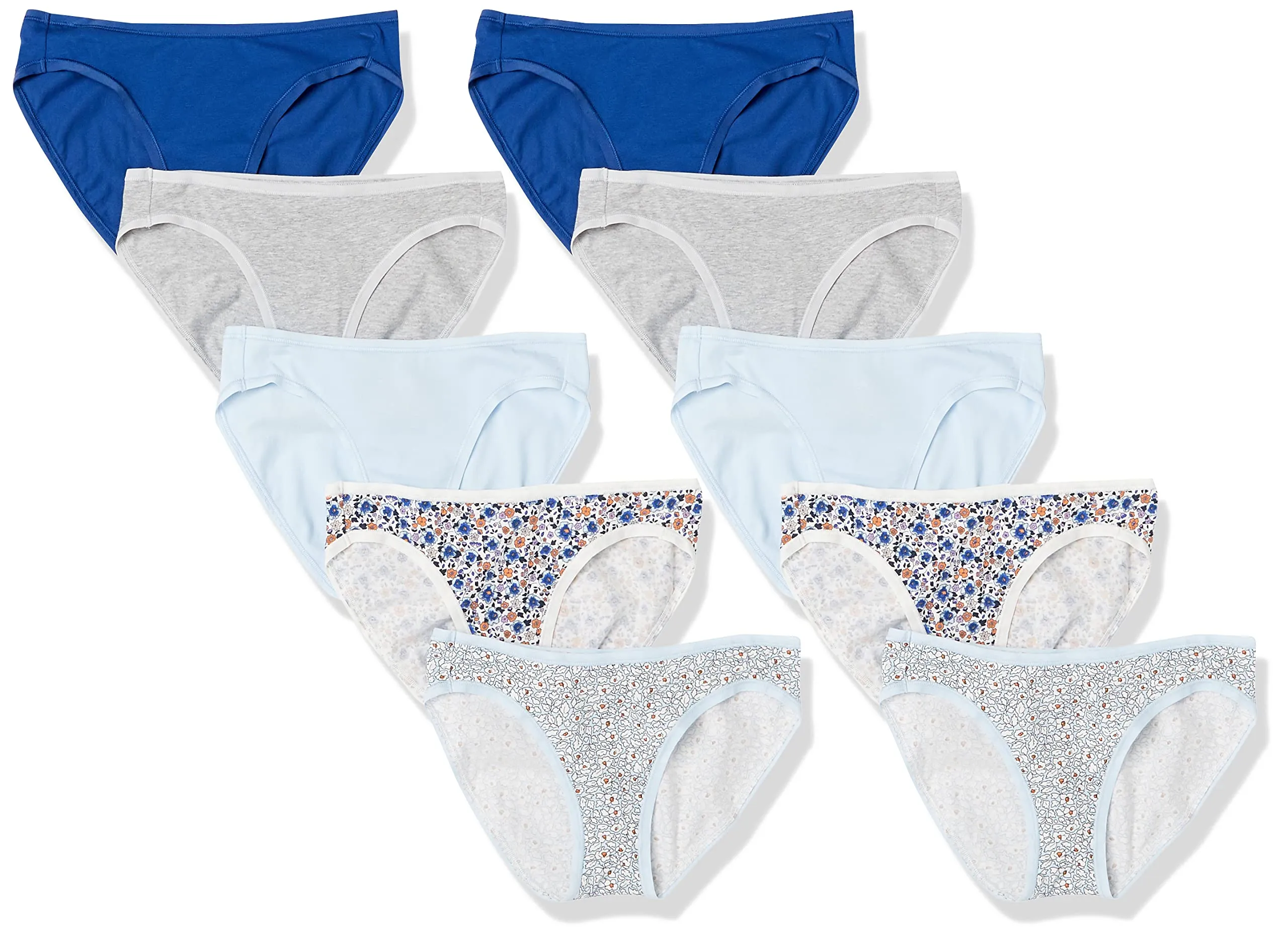Amazon Essentials Slip Bikini in Cotone Donna, Pacco da 10, Blu/Celeste/Grigio Puntinato/Floreale/Motivo Floreale Piccolo, 48 - immagine 1