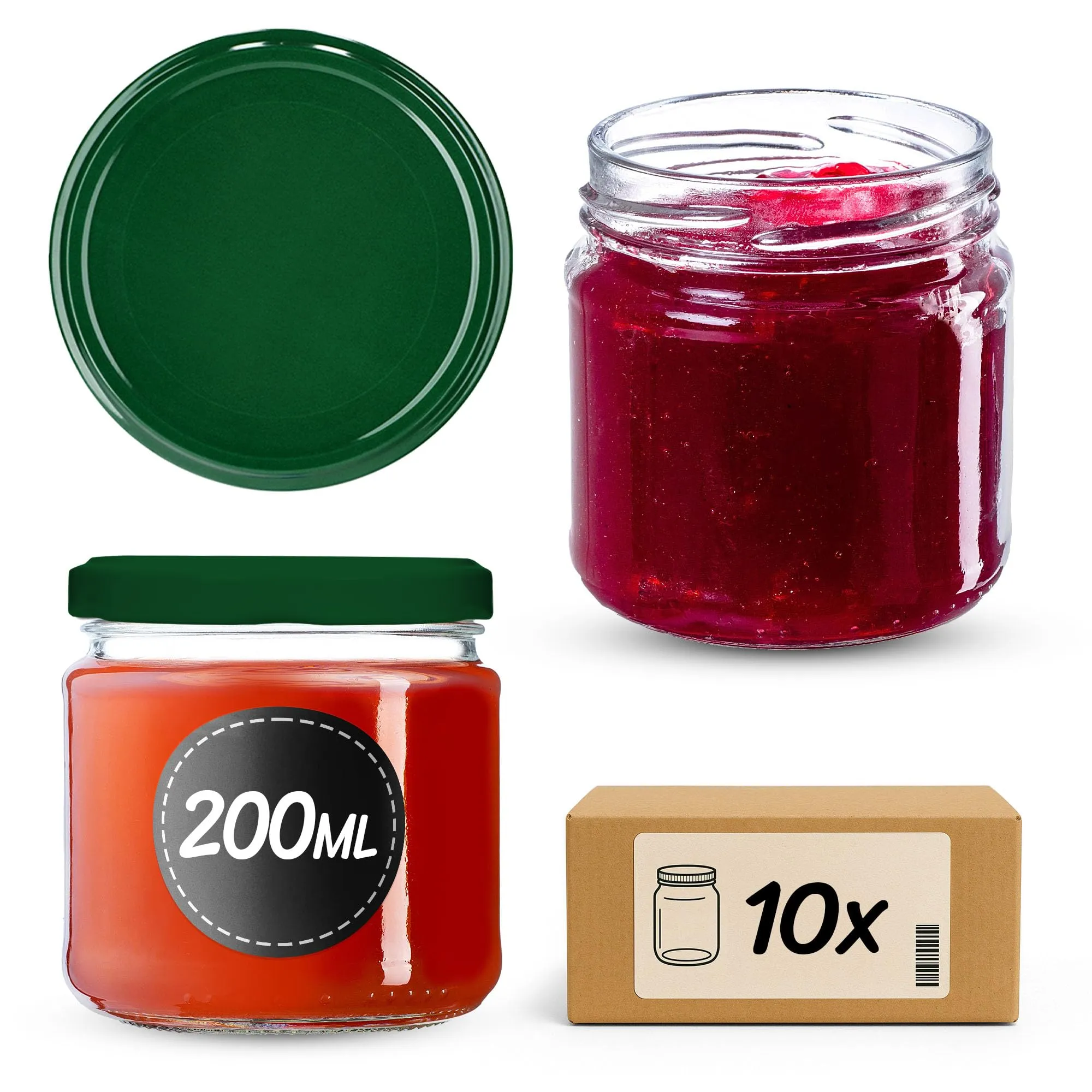 KADAX Set di 10 barattoli in vetro 200ml Ø66 Verde con tappo a vite ermetico - immagine 1