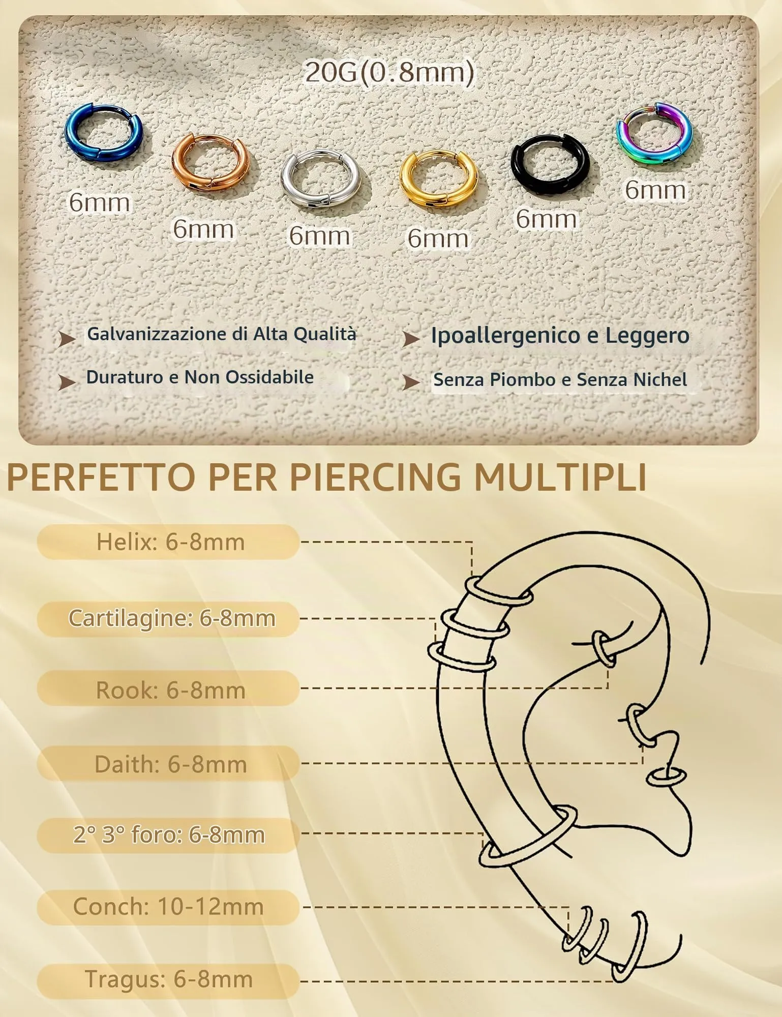 Milacolato Orecchini a Cerchio Piccoli in Acciaio Chirurgico, 6 mm - immagine 4