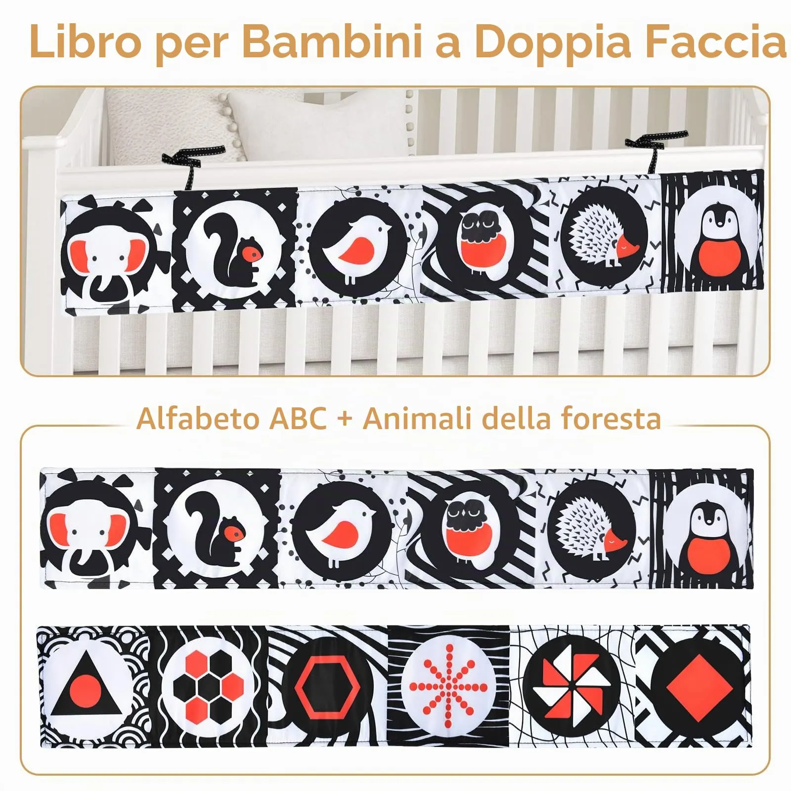 Vicloon Libro di Stoffa Sensoriale per Neonati, Double Sided con 12 Motivi, Pieghevole e Legato al Letto, Bianco e Nero - immagine 4