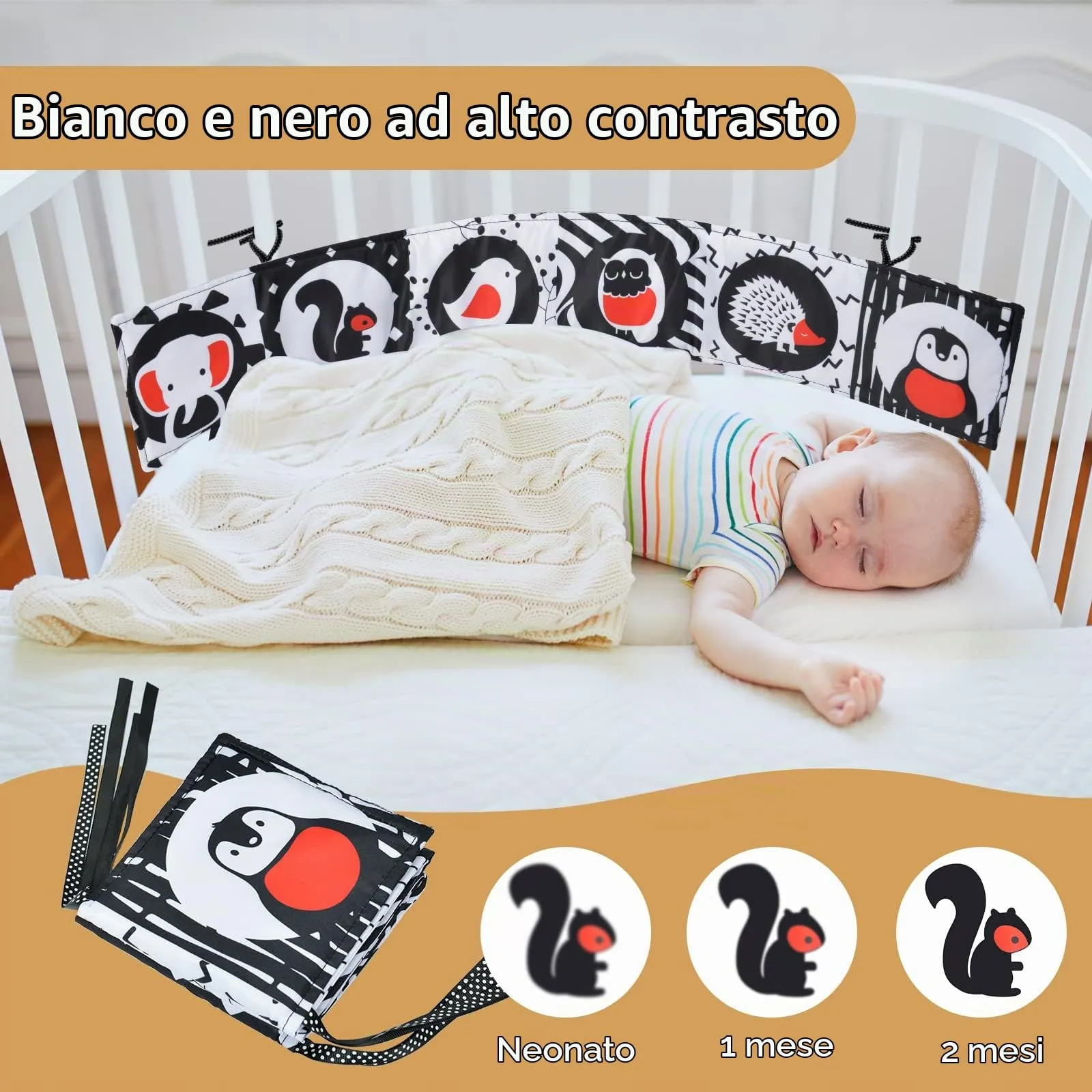 Vicloon Libro di Stoffa Sensoriale per Neonati, Double Sided con 12 Motivi, Pieghevole e Legato al Letto, Bianco e Nero - immagine 5