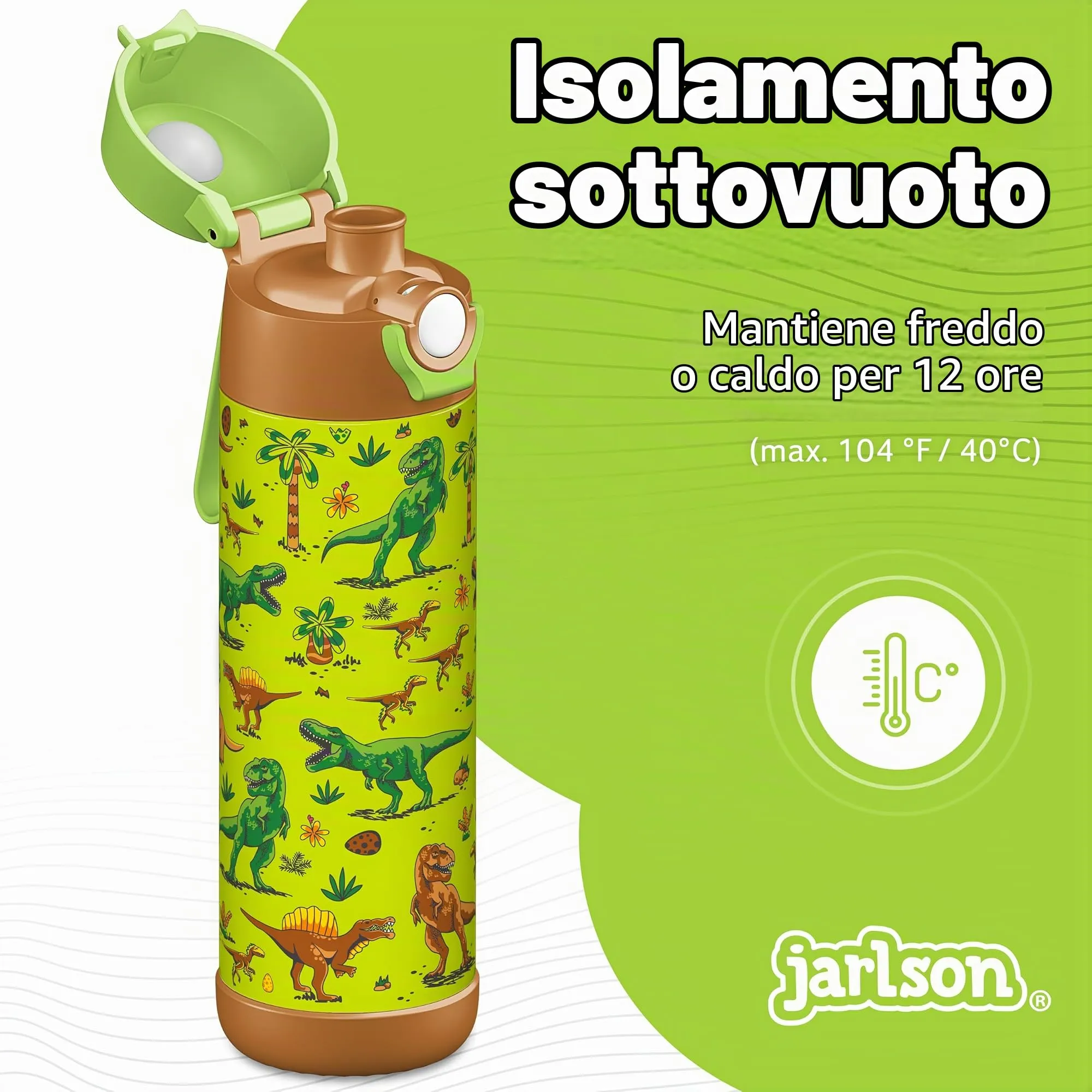 Jarlson Borraccia Termica Bambini Mali 500ml Acciaio Inox (Dinosauro) - immagine 2