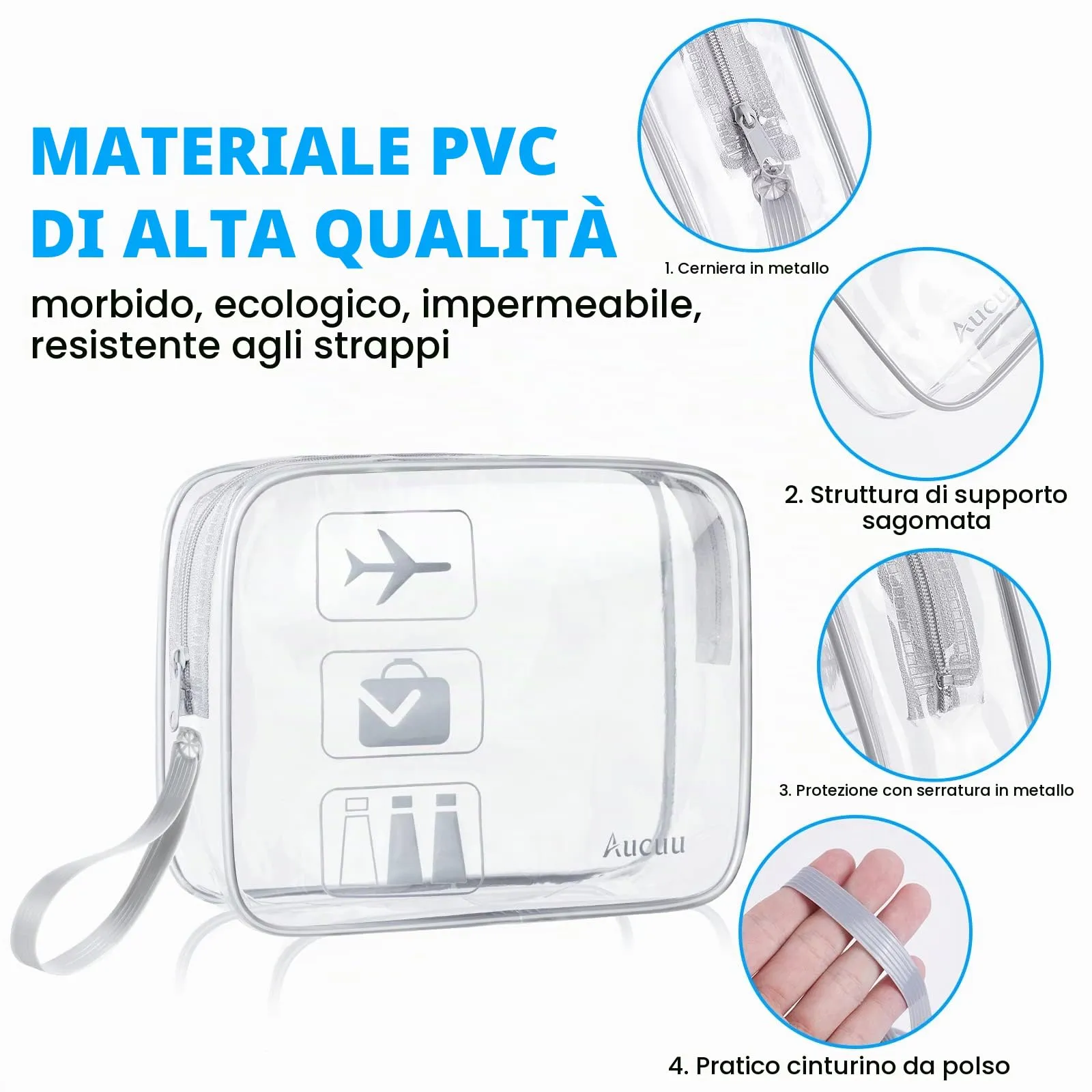 Aucuu Beauty Case Trasparente, Set di 3 Borse da Toilette Impermeabili per Viaggio e Cosmetici - immagine 3