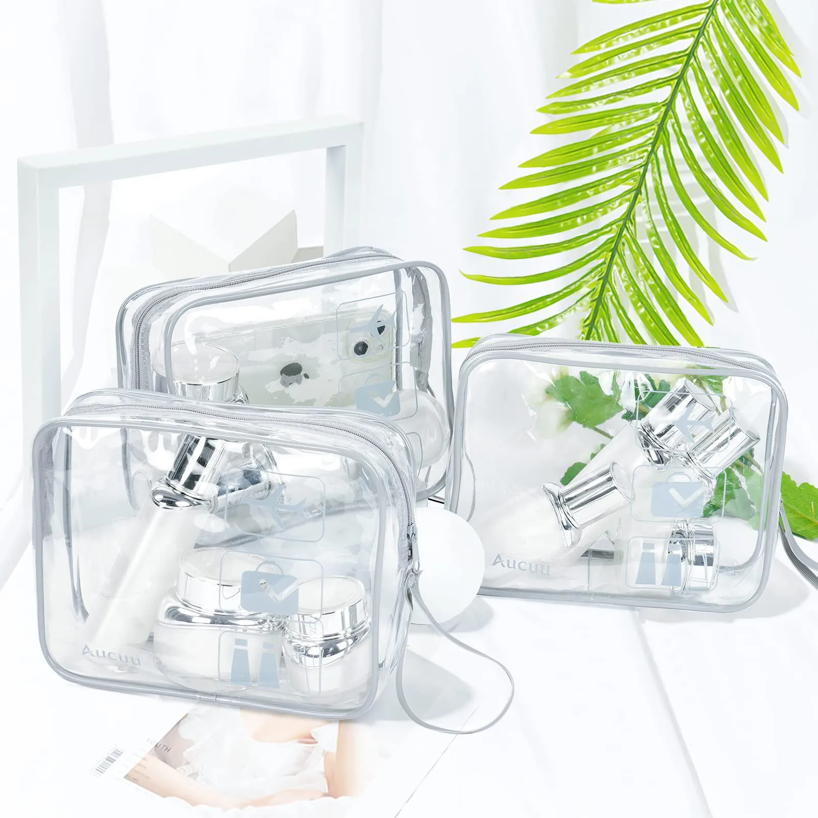 Aucuu Beauty Case Trasparente, Set di 3 Borse da Toilette Impermeabili per Viaggio e Cosmetici - immagine 4