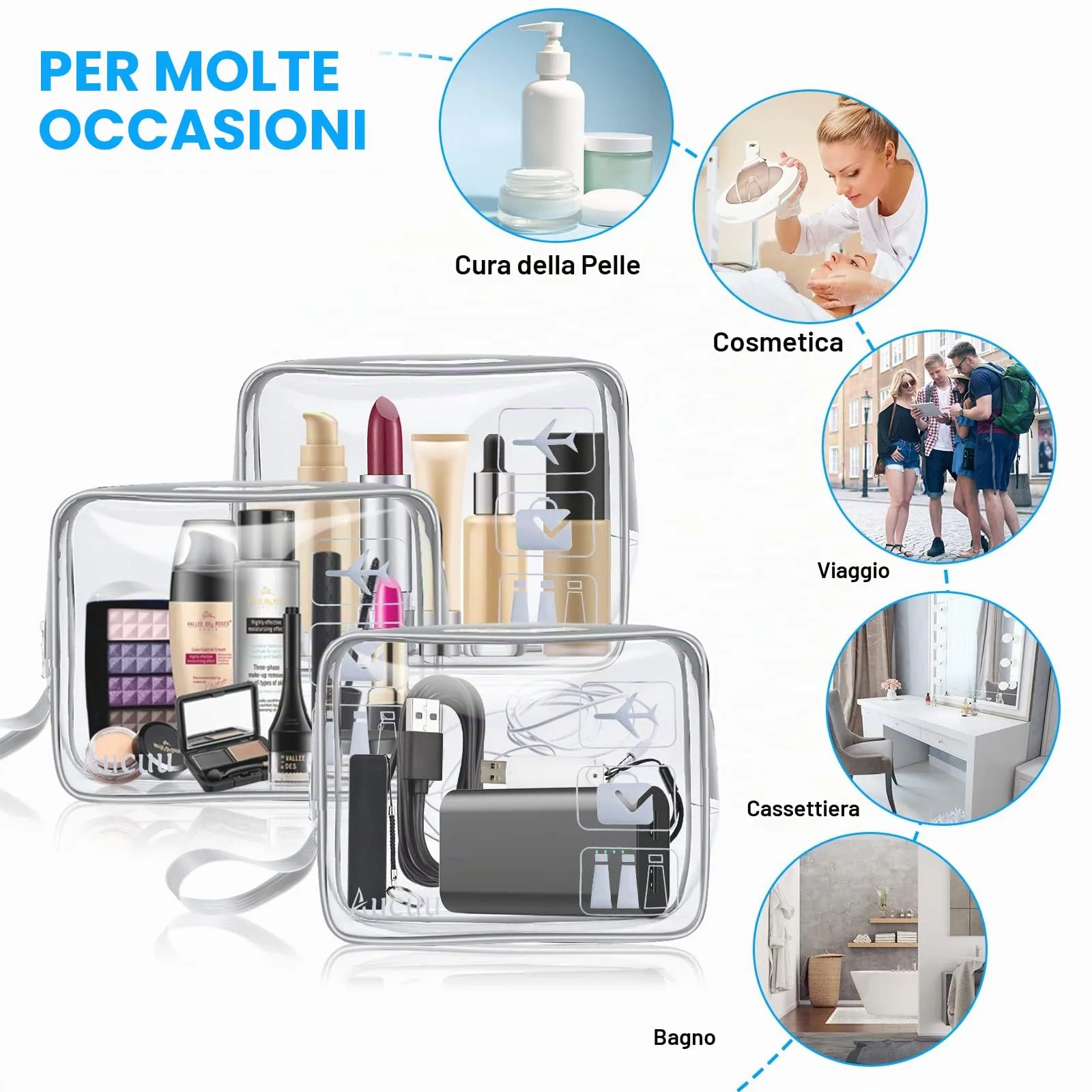 Aucuu Beauty Case Trasparente, Set di 3 Borse da Toilette Impermeabili per Viaggio e Cosmetici - immagine 5