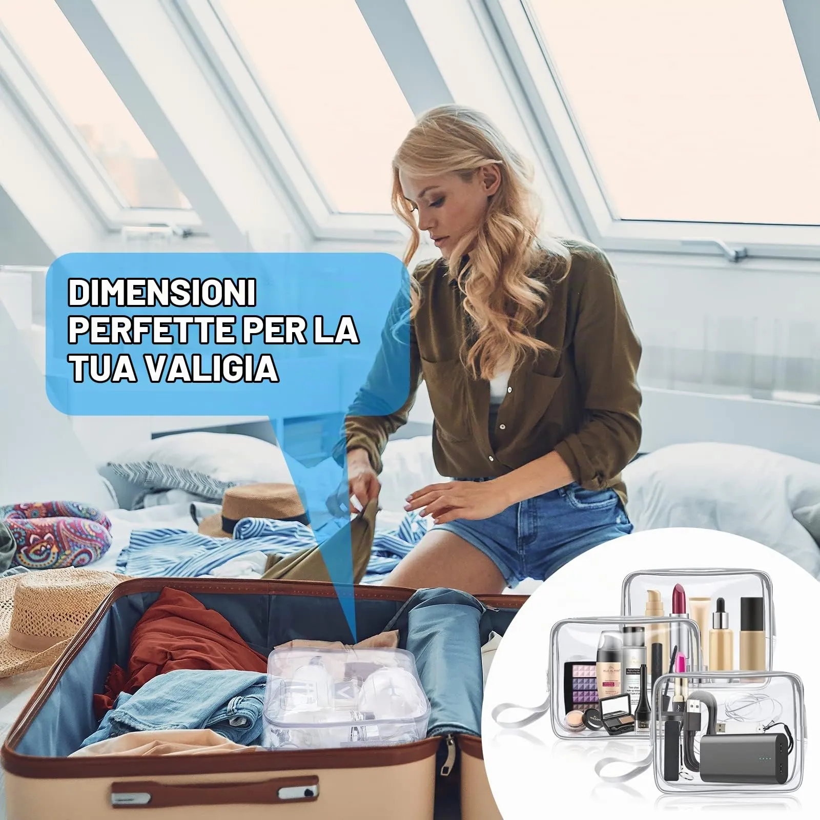 Aucuu Beauty Case Trasparente, Set di 3 Borse da Toilette Impermeabili per Viaggio e Cosmetici - immagine 8