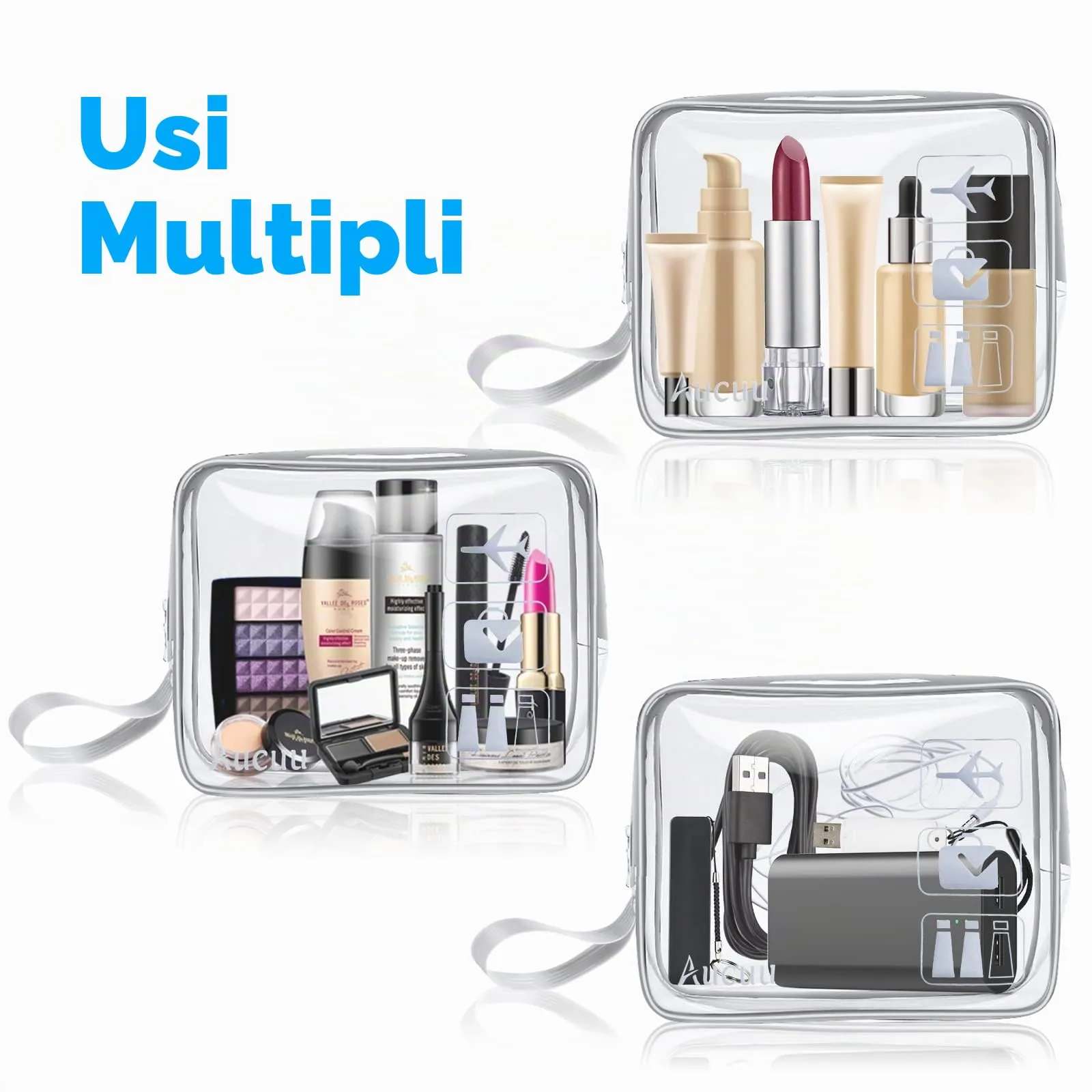 Aucuu Beauty Case Trasparente, Set di 3 Borse da Toilette Impermeabili per Viaggio e Cosmetici - immagine 9
