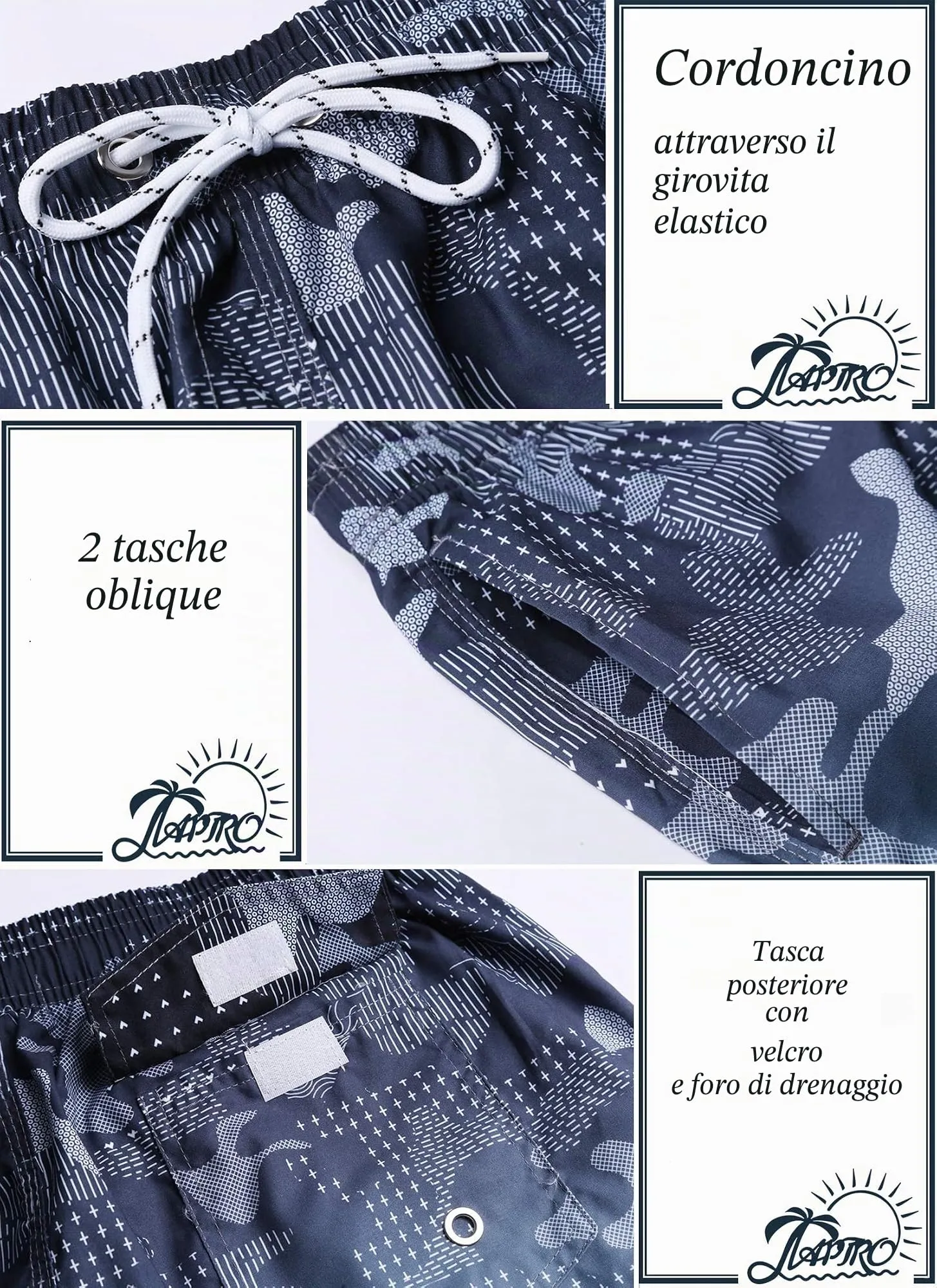 APTRO Pantaloncini da Bagno Uomo Stampa Hawaiana Asciugatura Rapida con Fodera in Rete, Blu Nero SA22, M - immagine 4