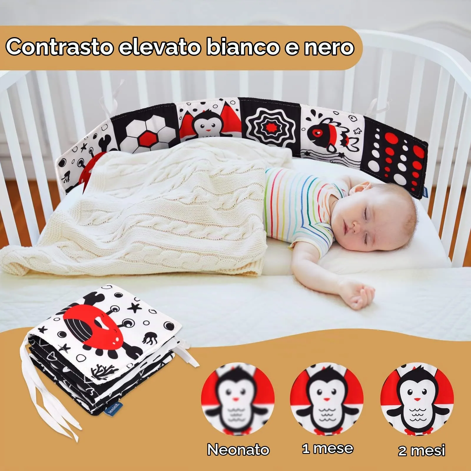 Vicloon Libro di Stoffa Sensoriale per Neonati, Doppia Faccia con 12 Motivi, Animali e Veicoli, Bianco e Nero - immagine 5