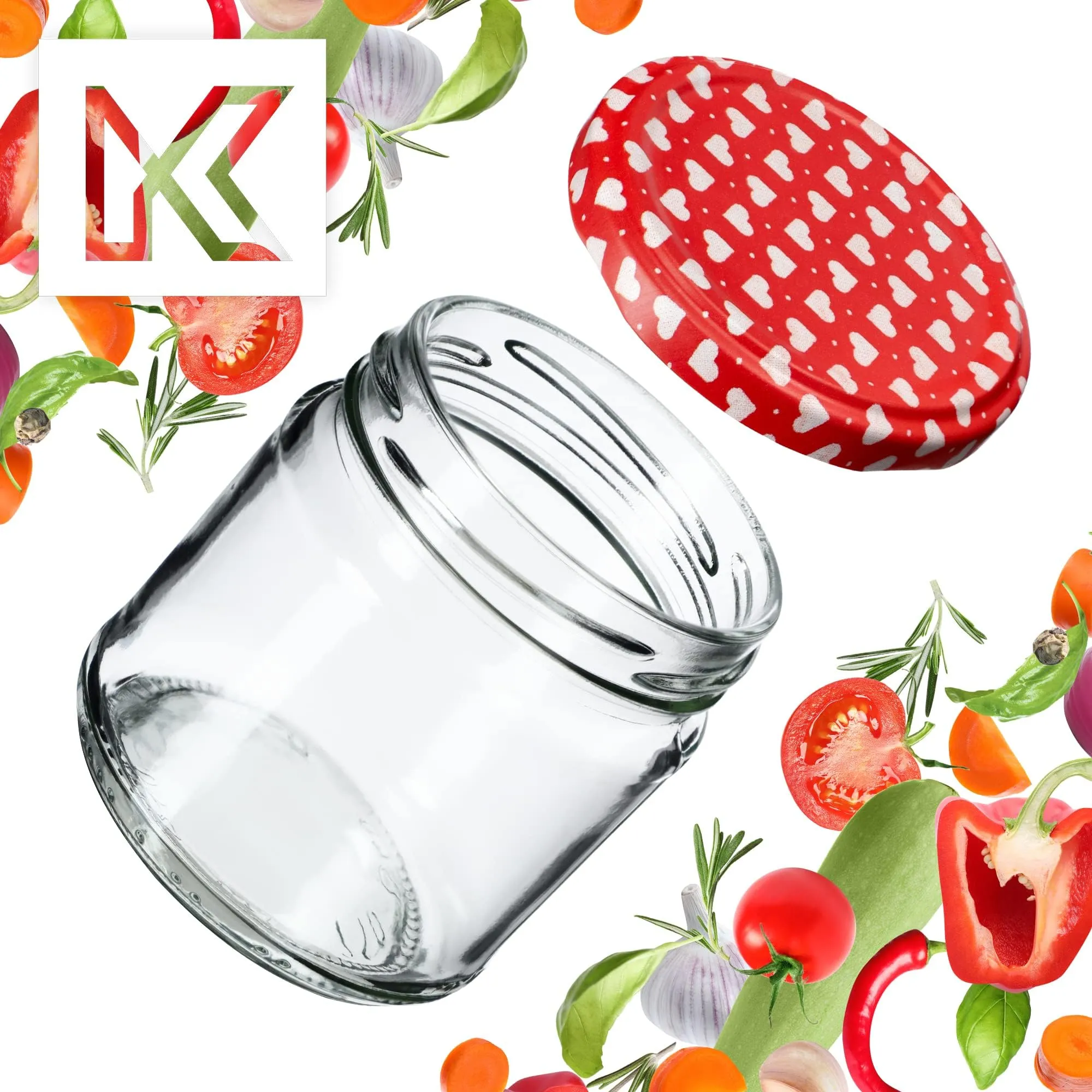 KADAX Set di 10 barattoli in vetro 200ml Ø66 Cuori Rossi con tappo a vite ermetico - immagine 7