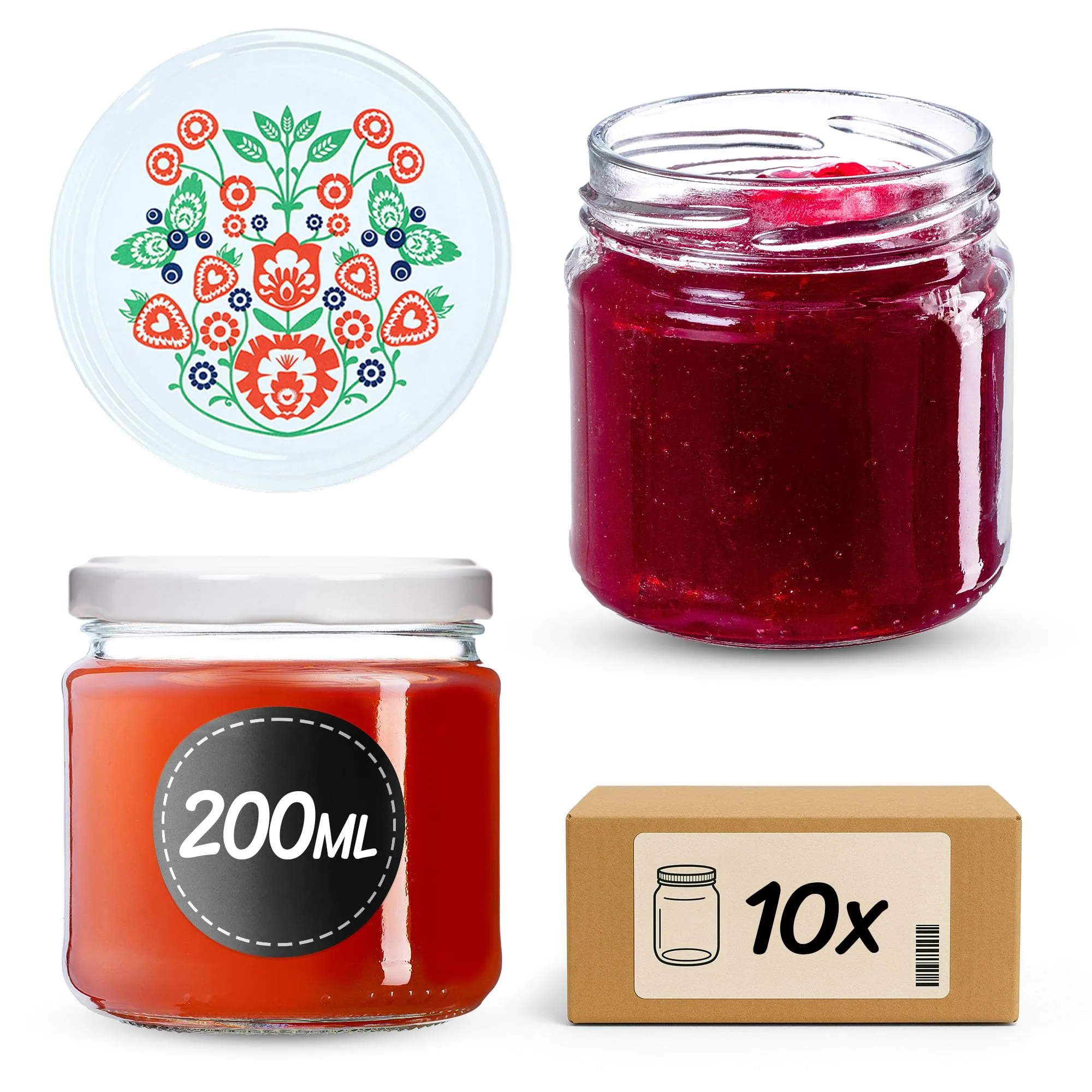 KADAX Set di 10 barattoli in vetro 200ml Ø66 Folclore con tappo a vite ermetico - immagine 1