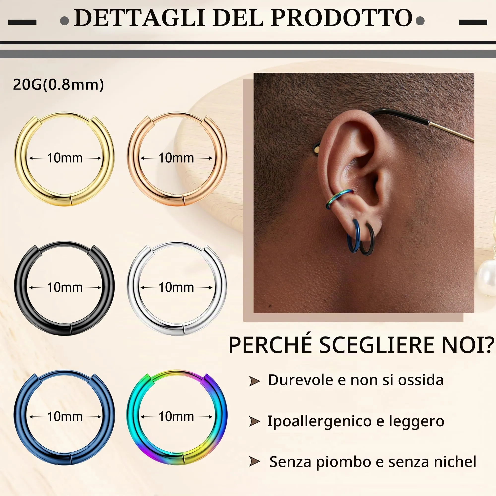 Milacolato Orecchini a Cerchio Piccoli in Acciaio Chirurgico per Donna e Uomo - immagine 3