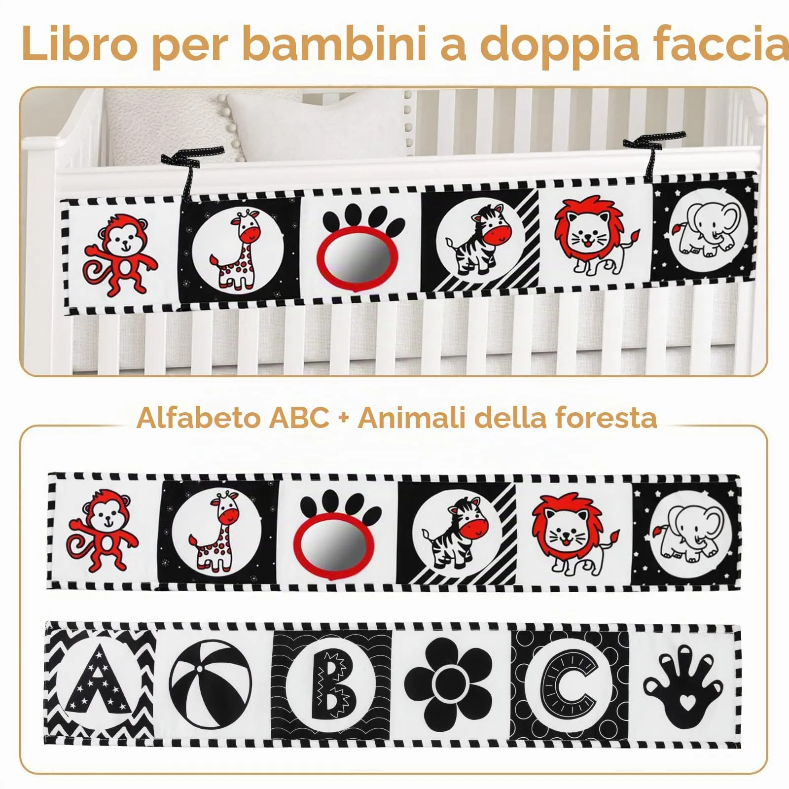 Vicloon Libro di Stoffa Sensoriale per Neonati, Doppia Faccia con 12 Motivi, Specchio e Animali, Bianco e Nero - immagine 4
