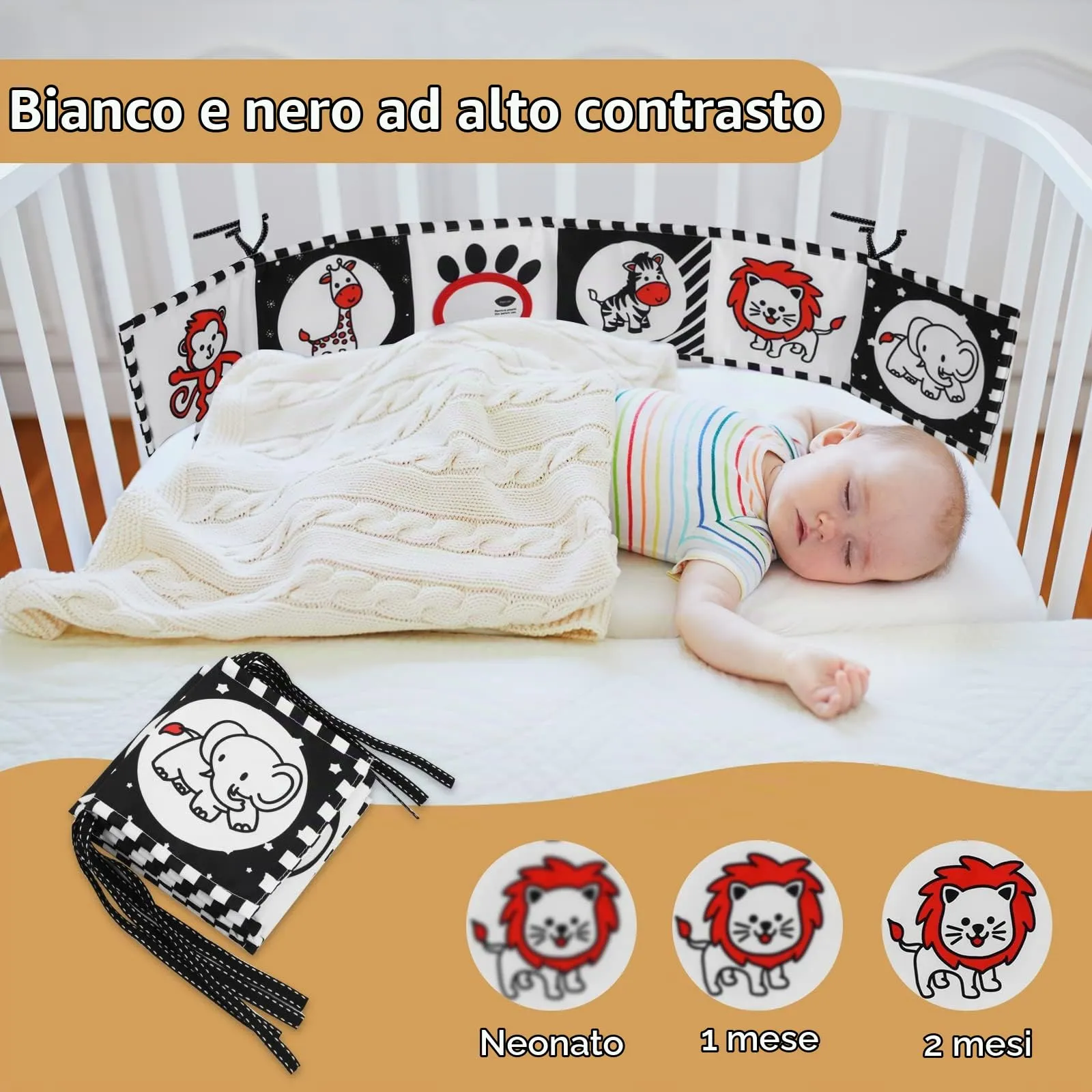 Vicloon Libro di Stoffa Sensoriale per Neonati, Doppia Faccia con 12 Motivi, Specchio e Animali, Bianco e Nero - immagine 5