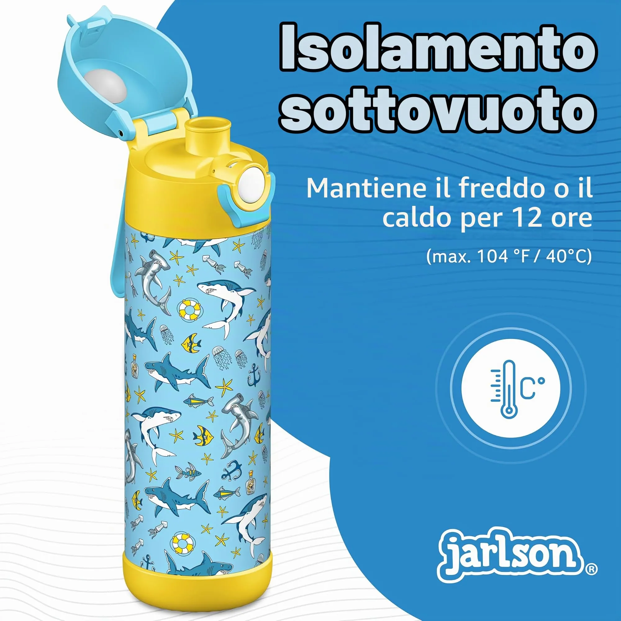 Jarlson Borraccia Termica Bambini Mali 500ml Acciaio Inox - Squali - immagine 2