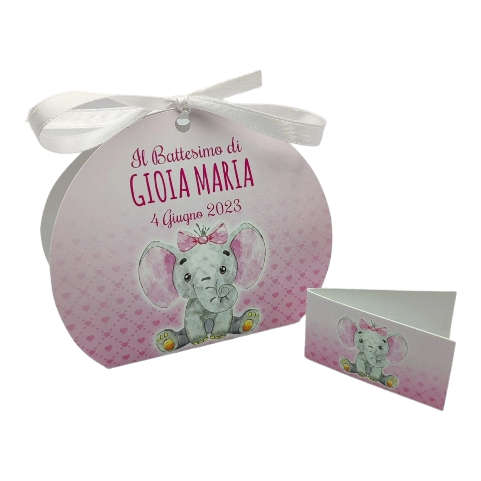 PV Grafik Scatoline Portaconfetti Nascita e Battesimo, Personalizzate con Bigliettino e Nastrino, 24+24 Pezzi, Elefantina con fiocco rosa e cuoricini, 8x8,5x4 cm - immagine 1