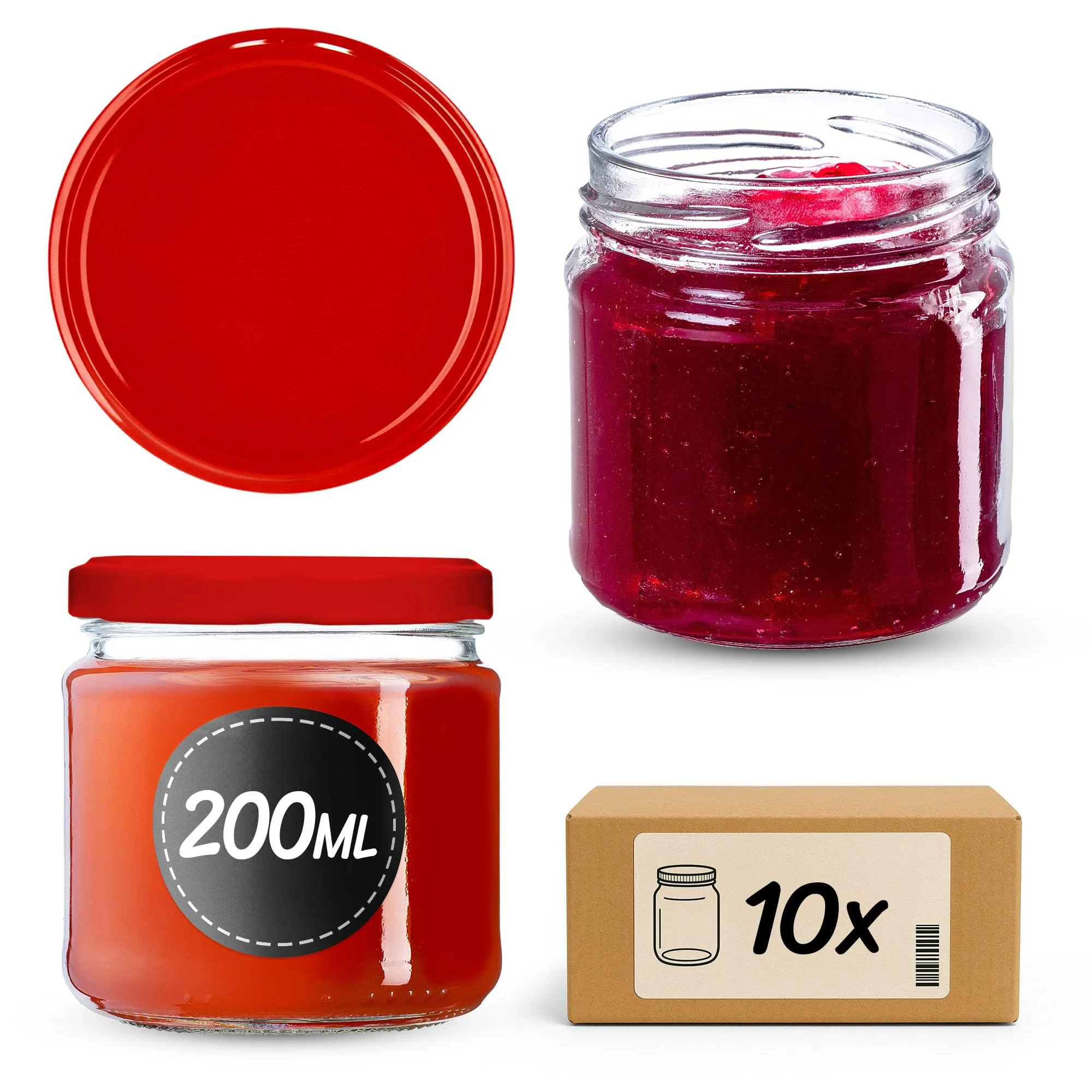 KADAX Set di 10 barattoli in vetro 200ml Rosso con tappo a vite ermetico - immagine 1