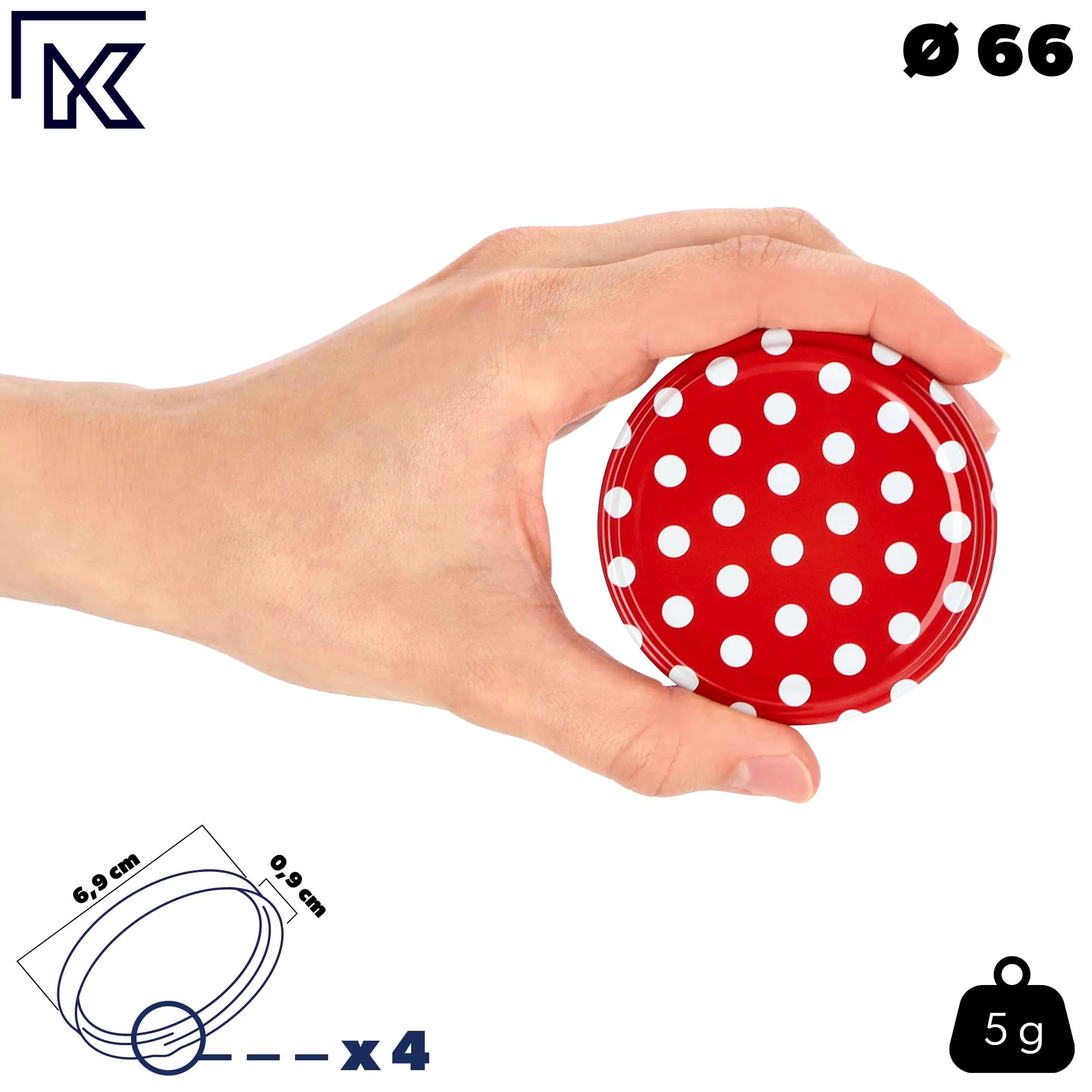 KADAX Set di 10 barattoli in vetro 200ml Ø66 Pois Rossi con tappo a vite ermetico - immagine 4