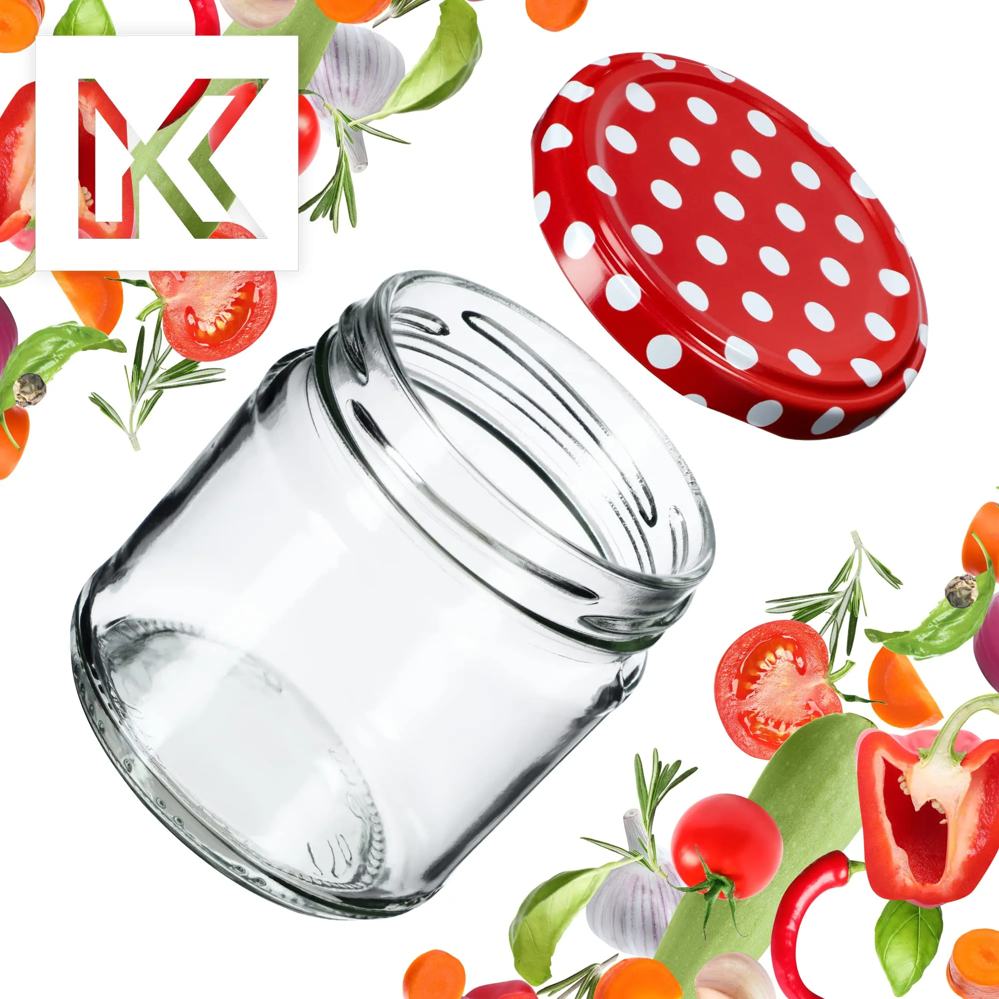 KADAX Set di 10 barattoli in vetro 200ml Ø66 Pois Rossi con tappo a vite ermetico - immagine 7
