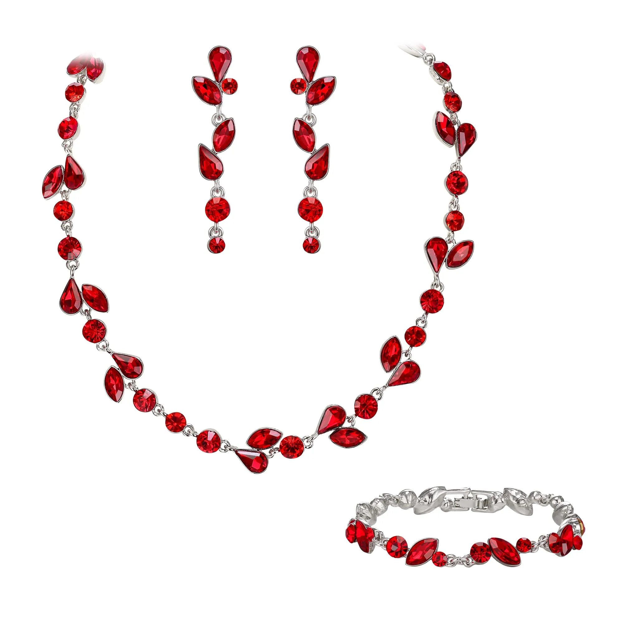 EVER FAITH Set di gioielli in cristalli per sposa, collana, orecchini e bracciale con strass a foglia marquise, Rosso Argento-fondo - immagine 1