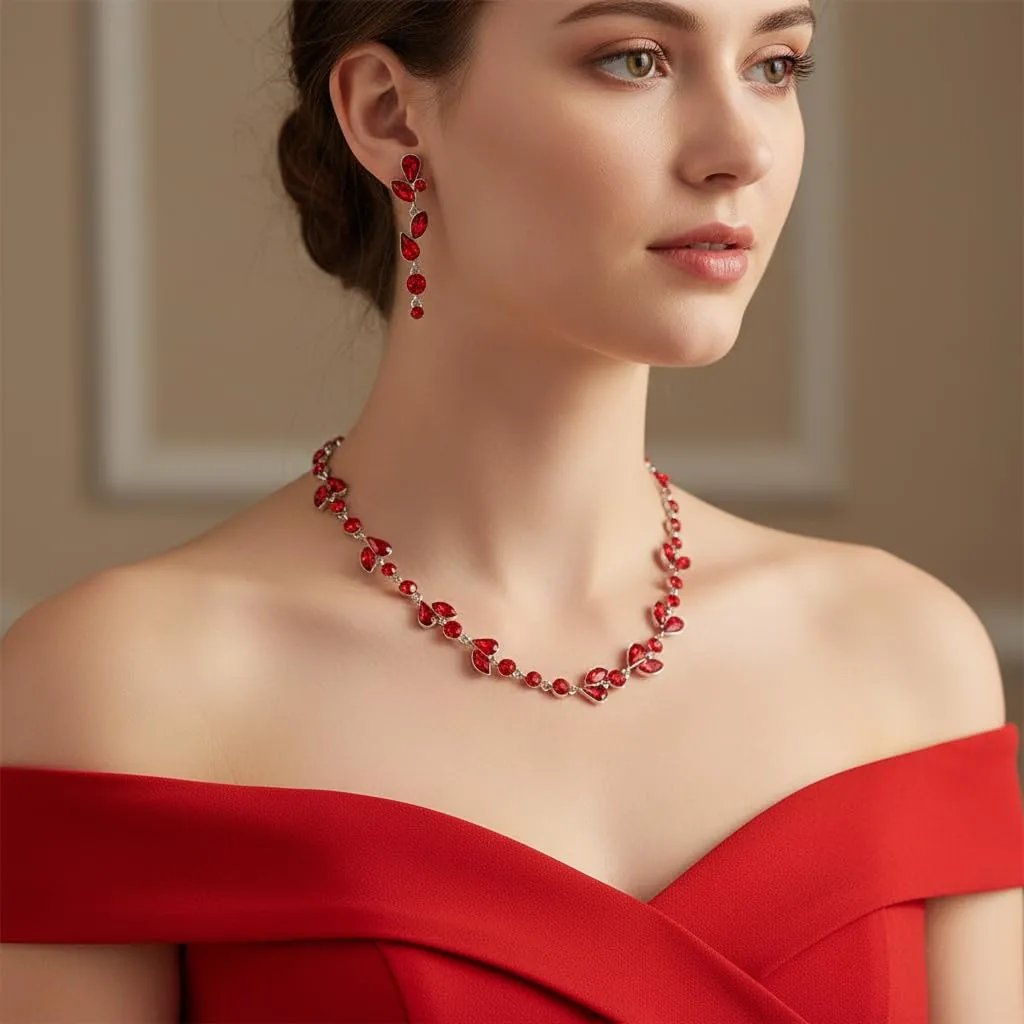 EVER FAITH Set di gioielli in cristalli per sposa, collana, orecchini e bracciale con strass a foglia marquise, Rosso Argento-fondo - immagine 2