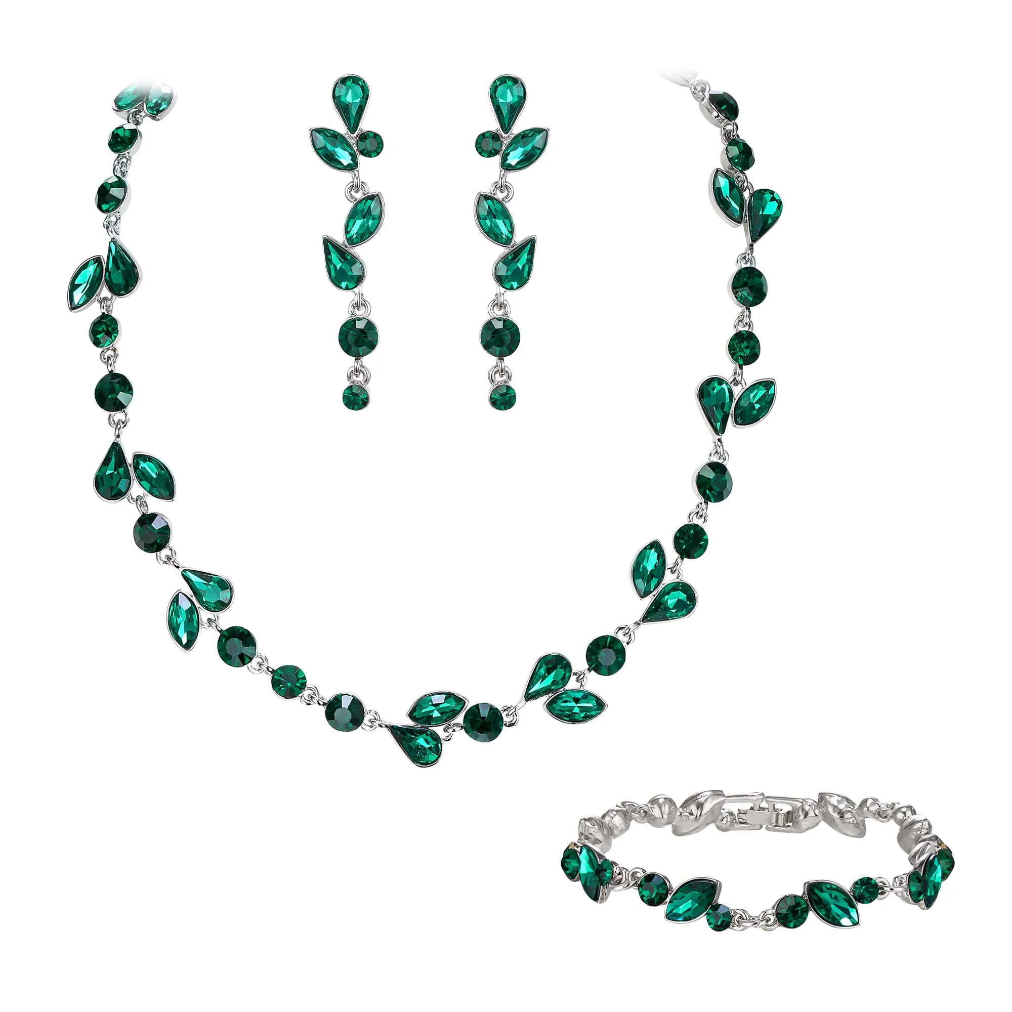 EVER FAITH Set di Gioielli in Cristalli per Sposa, Collana, Bracciale e Orecchini, Verde Argento-Fondo - immagine 1