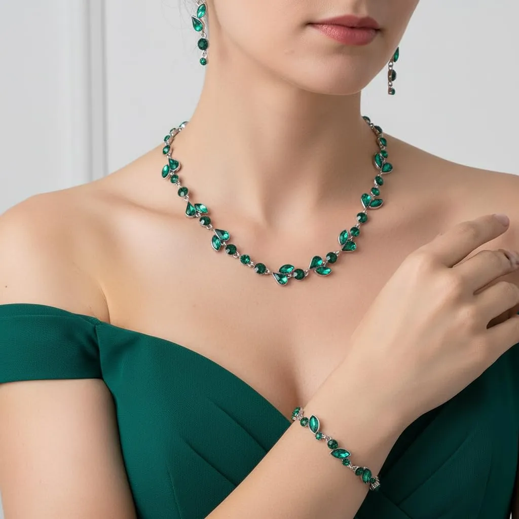 EVER FAITH Set di Gioielli in Cristalli per Sposa, Collana, Bracciale e Orecchini, Verde Argento-Fondo - immagine 2