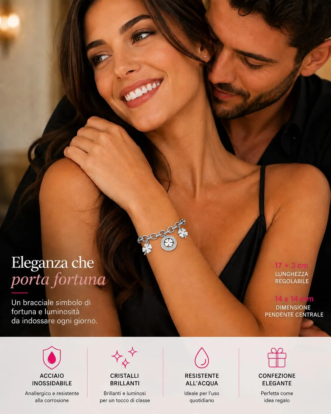 SAGA GIOIELLI Bracciale Donna Quadrifoglio Portafortuna in Acciaio - immagine 2