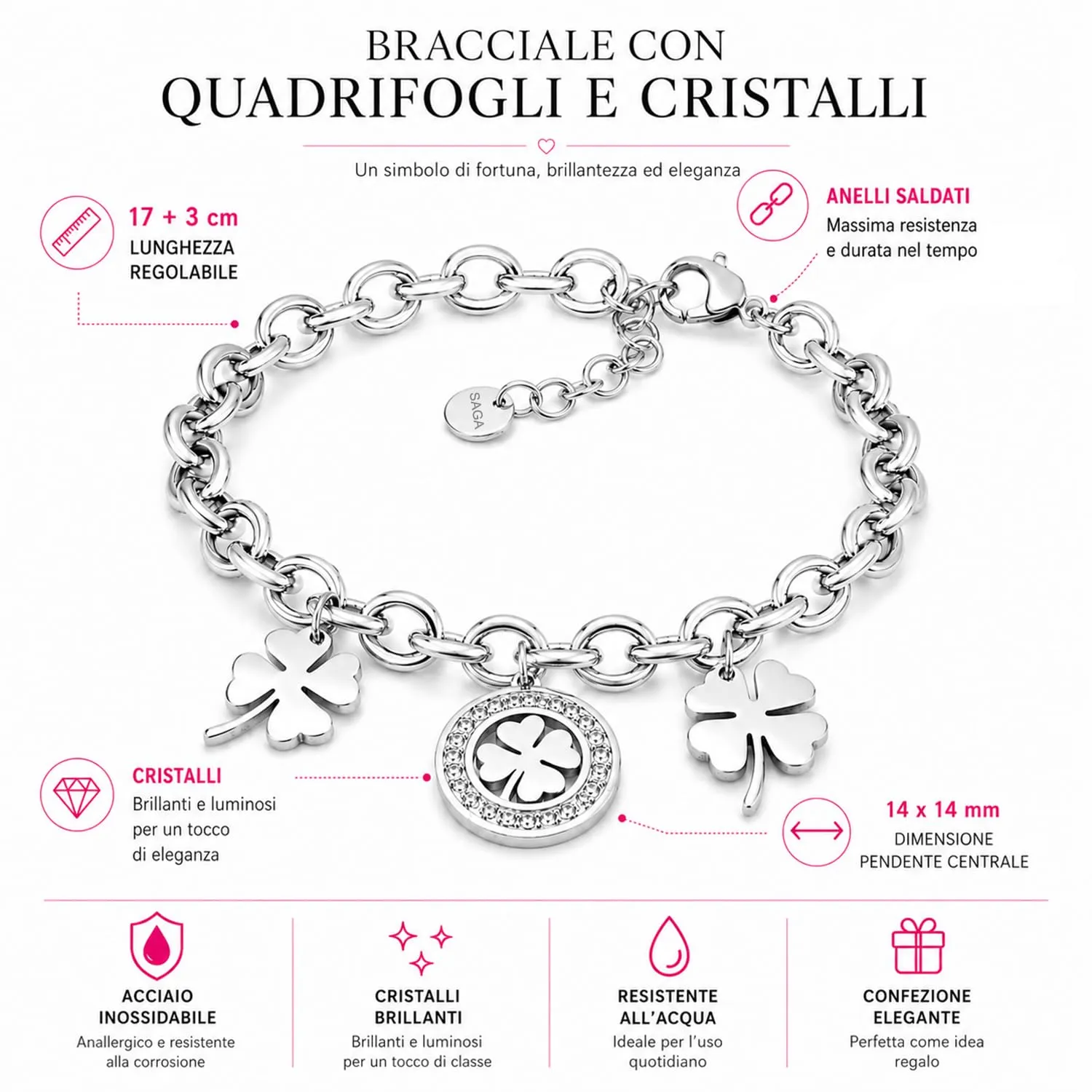 SAGA GIOIELLI Bracciale Donna Quadrifoglio Portafortuna in Acciaio - immagine 3