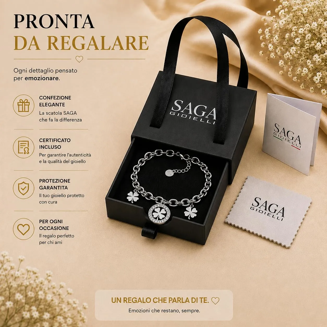 SAGA GIOIELLI Bracciale Donna Quadrifoglio Portafortuna in Acciaio - immagine 5