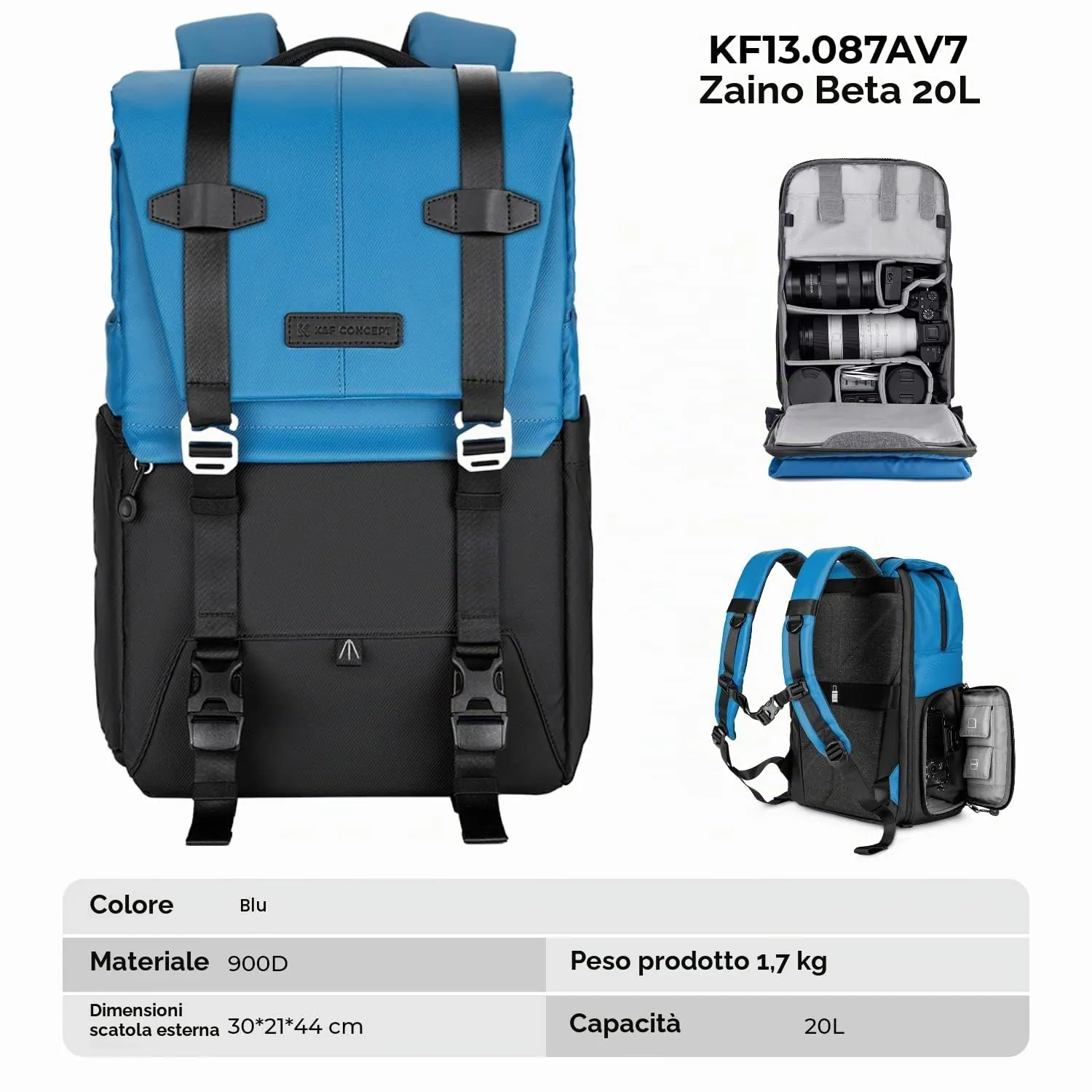 K&F Concept Zaino Fotografico Professionale Impermeabile Antifurto 20L Blu - immagine 8