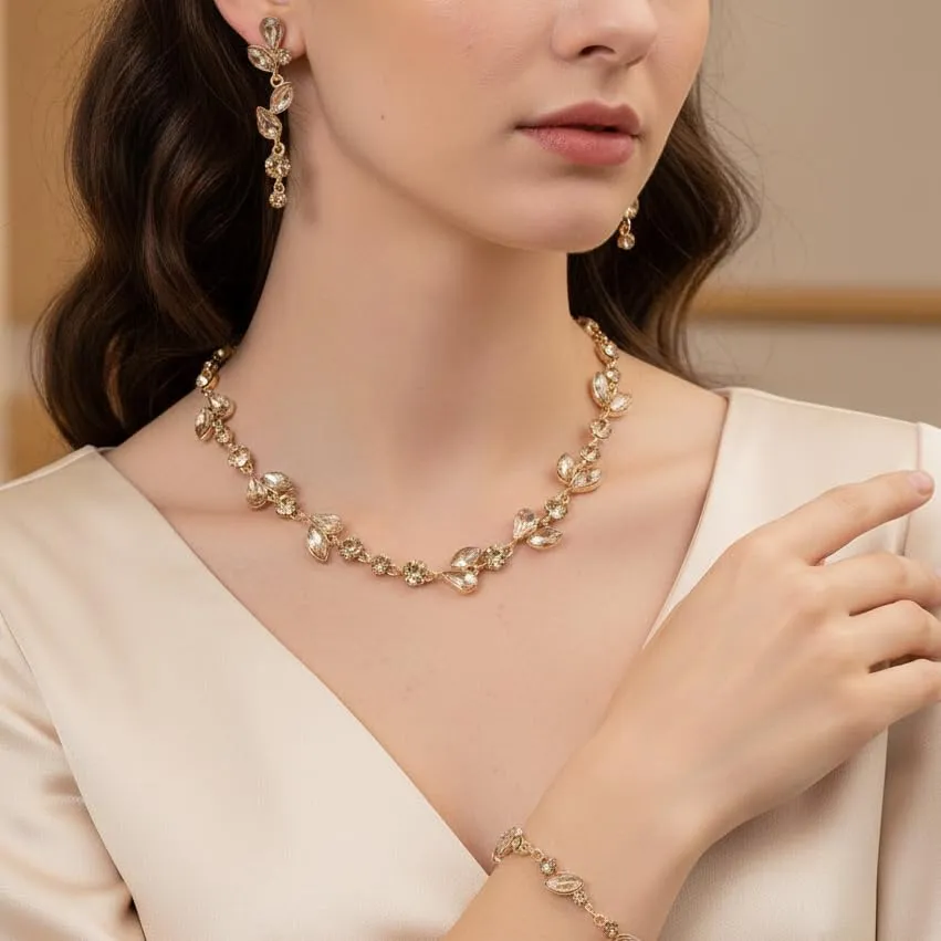 EVER FAITH Set di Gioielli da Sposa con Strass a Foglia, Collana, Orecchini e Bracciale, Marrone Oro-Fondo - immagine 2