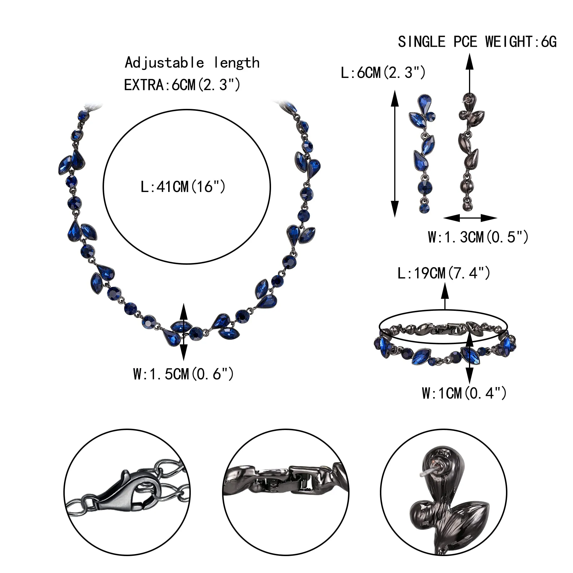 EVER FAITH Set di Gioielli in Cristalli con Collana e Orecchini a Foglia, Zaffiro Blu Nero-Fondo - immagine 4