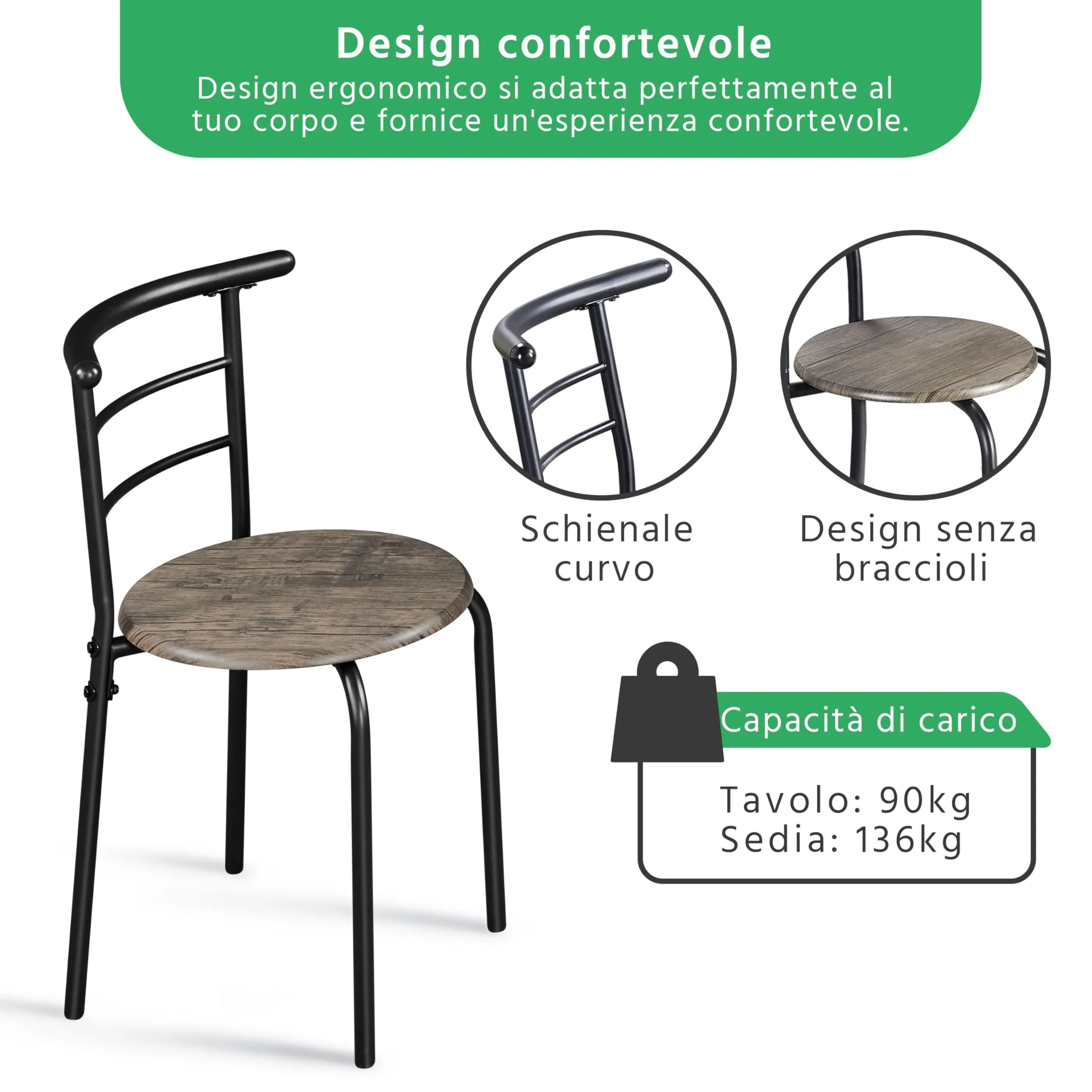 Yaheetech Set Tavolo e 2 Sedie da Pranzo per Cucina e Bar, Marrone - immagine 4