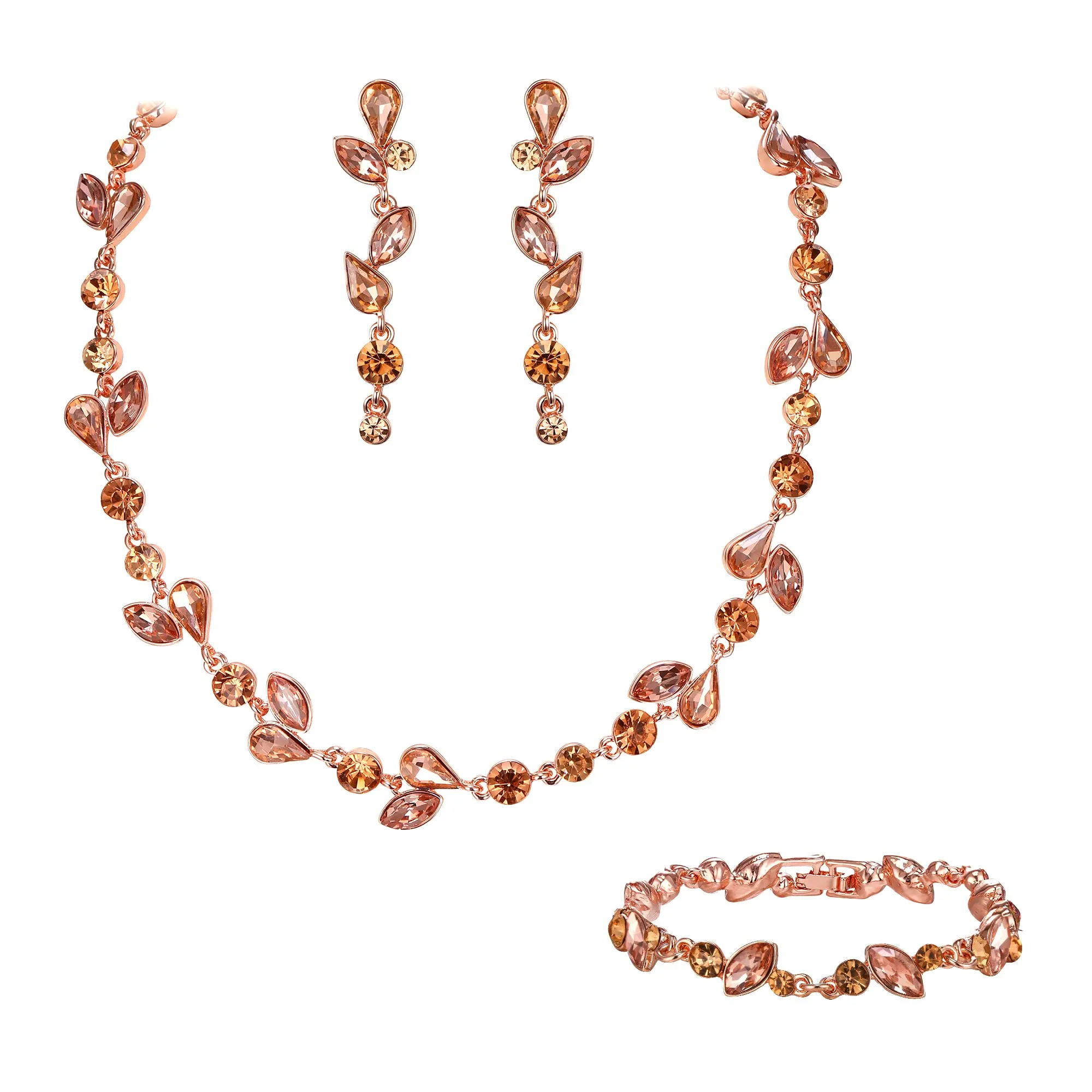 EVER FAITH Set di Gioielli da Sposa con Cristalli, Collana, Orecchini e Bracciale a Foglia in Strass, Champagne Rosa Oro-Fondo - immagine 1