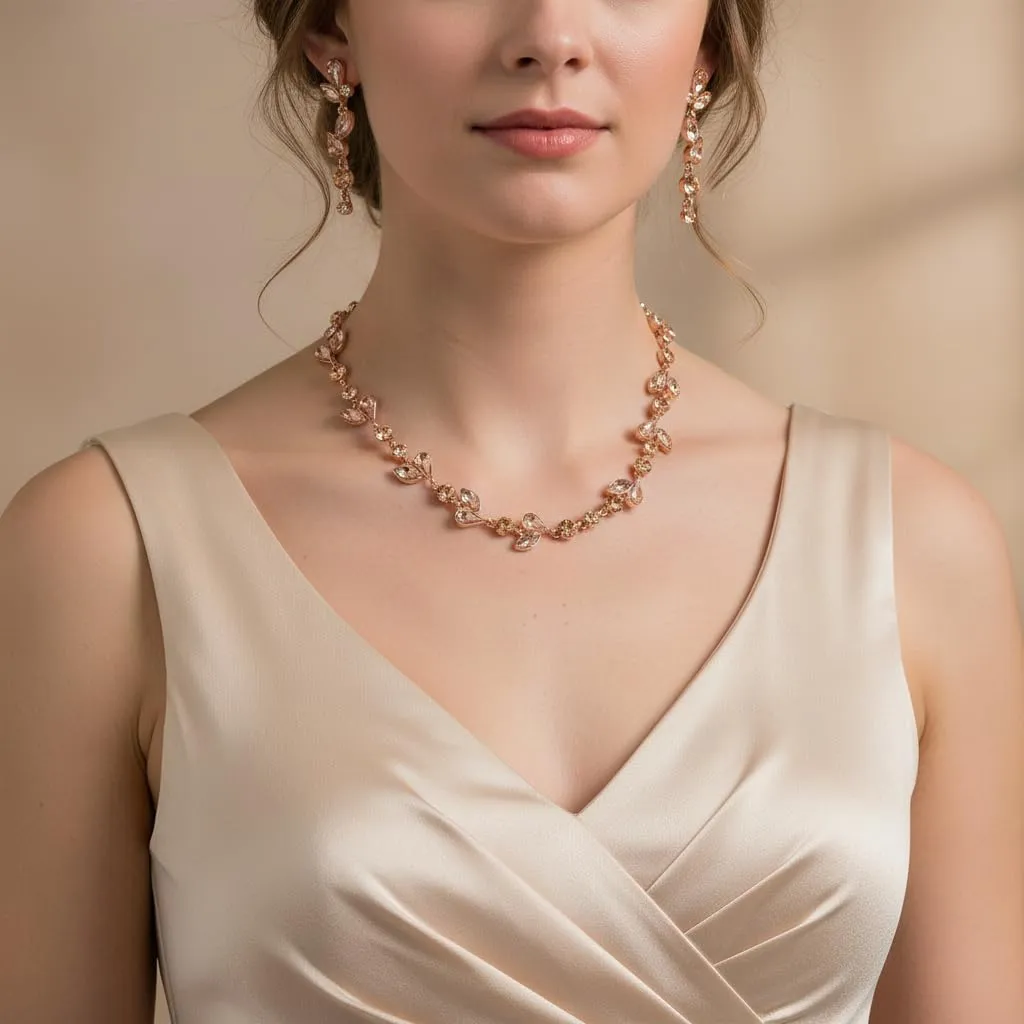 EVER FAITH Set di Gioielli da Sposa con Cristalli, Collana, Orecchini e Bracciale a Foglia in Strass, Champagne Rosa Oro-Fondo - immagine 2