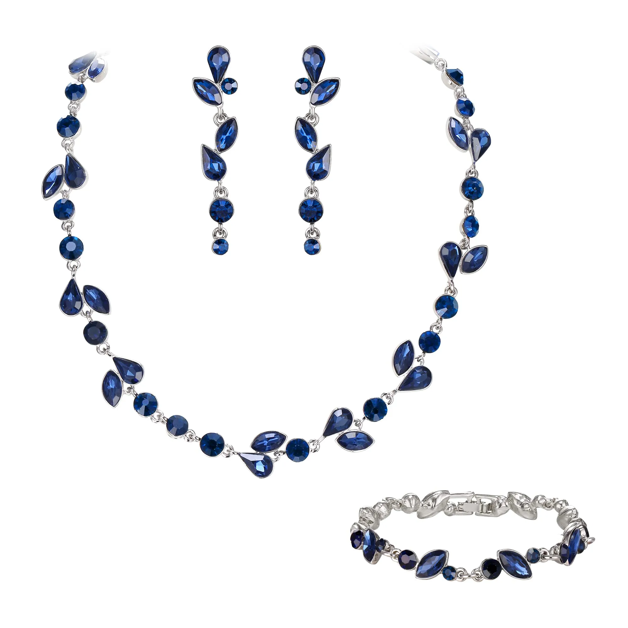 EVER FAITH Set Gioielli per Sposa con Cristalli Zaffiro Blu e Argento, Collana, Orecchini e Bracciale - immagine 1