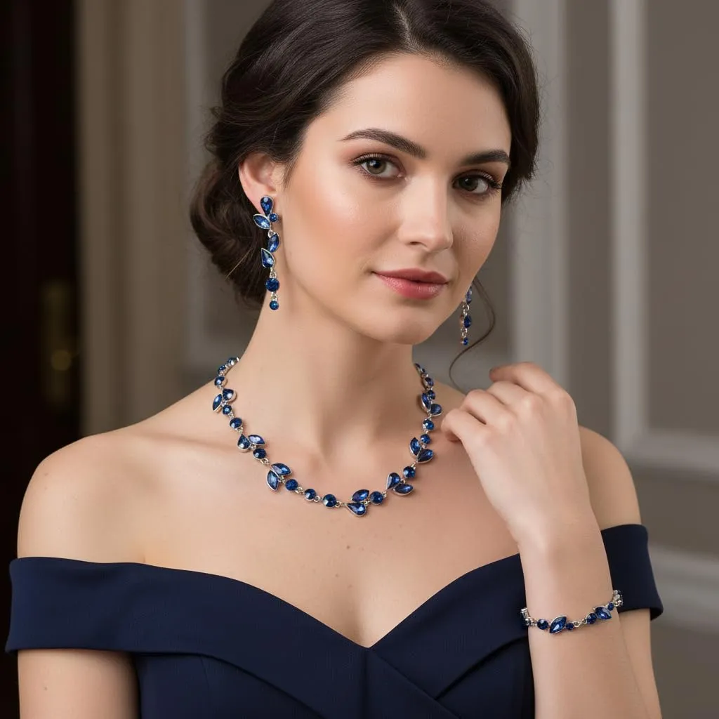 EVER FAITH Set Gioielli per Sposa con Cristalli Zaffiro Blu e Argento, Collana, Orecchini e Bracciale - immagine 2