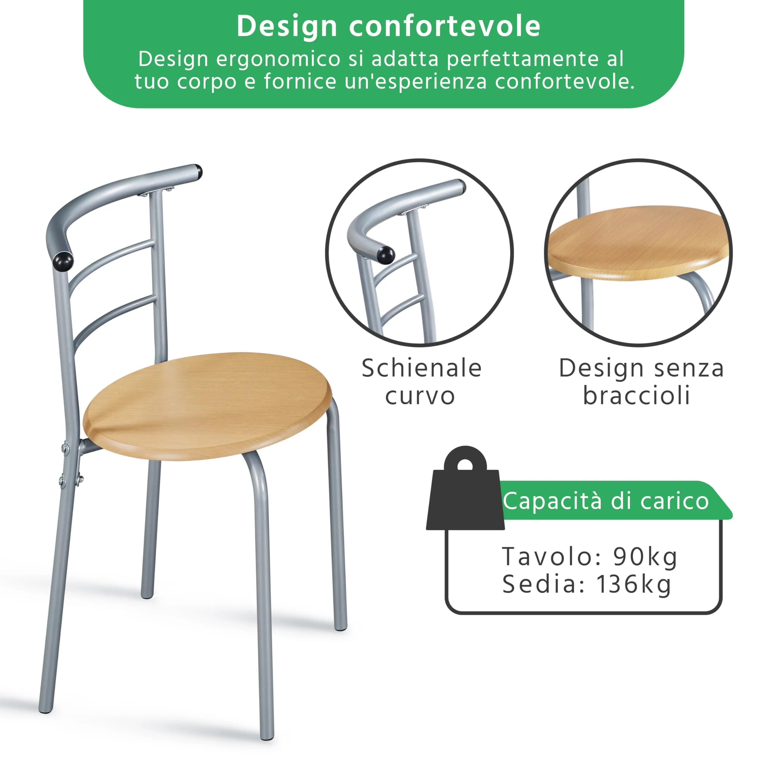 Yaheetech Set Tavolo e 2 Sedie Sala da Pranzo Beige - immagine 4