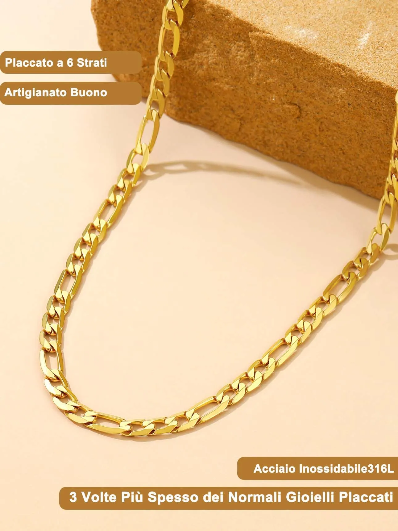 Suplight Collana Uomo Catena Figaro in Acciaio Inossidabile Placcato Oro 18K, 9 mm, 51 cm - immagine 5