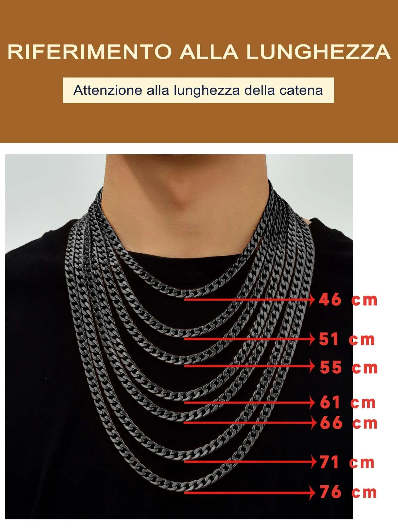 Suplight Collana uomo maglia cubana in acciaio inossidabile placcato nero, 9 mm x 76 cm - immagine 6