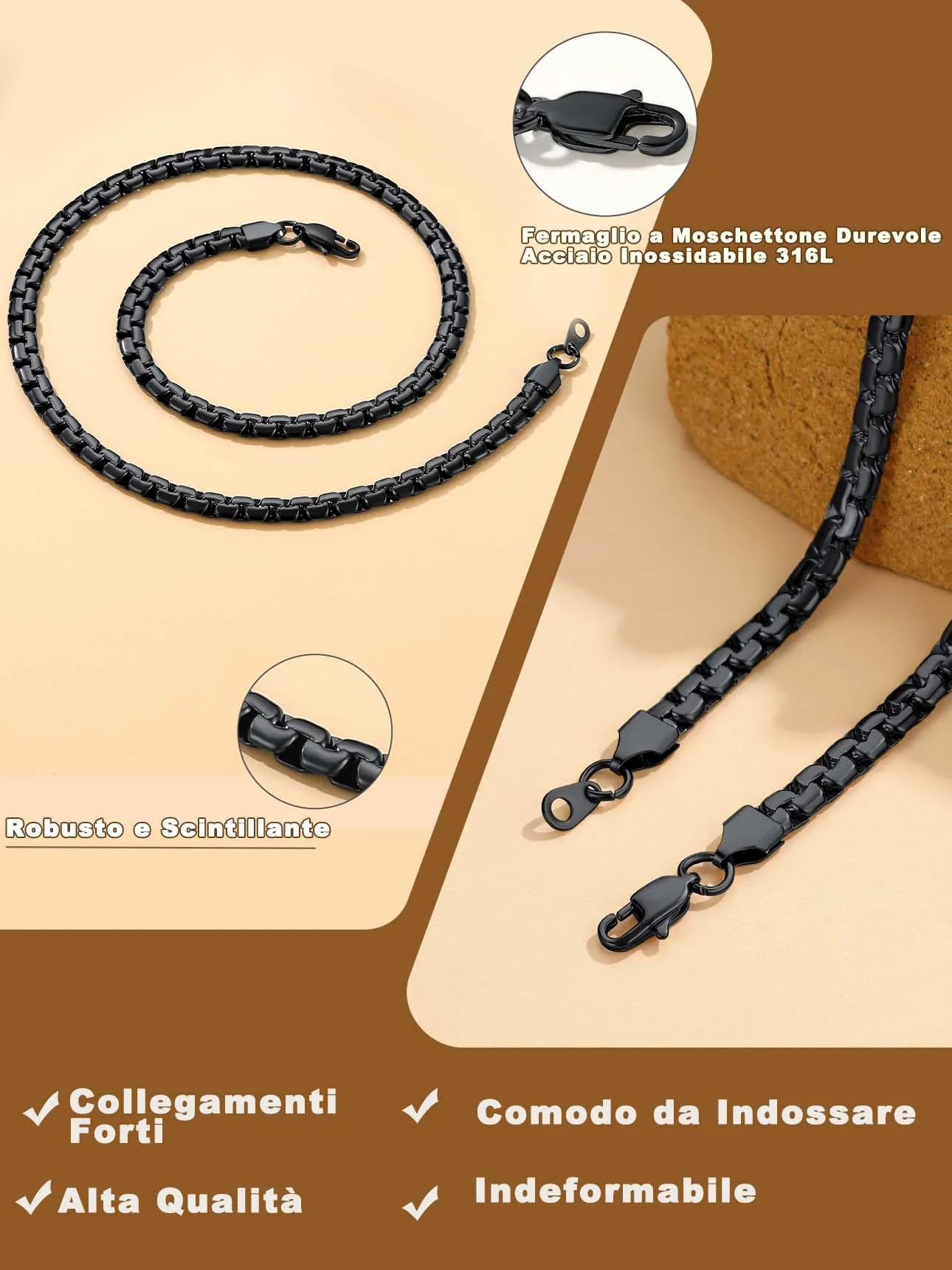 Suplight Collana Catena Veneziana Uomo in Acciaio Inossidabile Placcato Nero, 6 mm, 76 cm - immagine 4