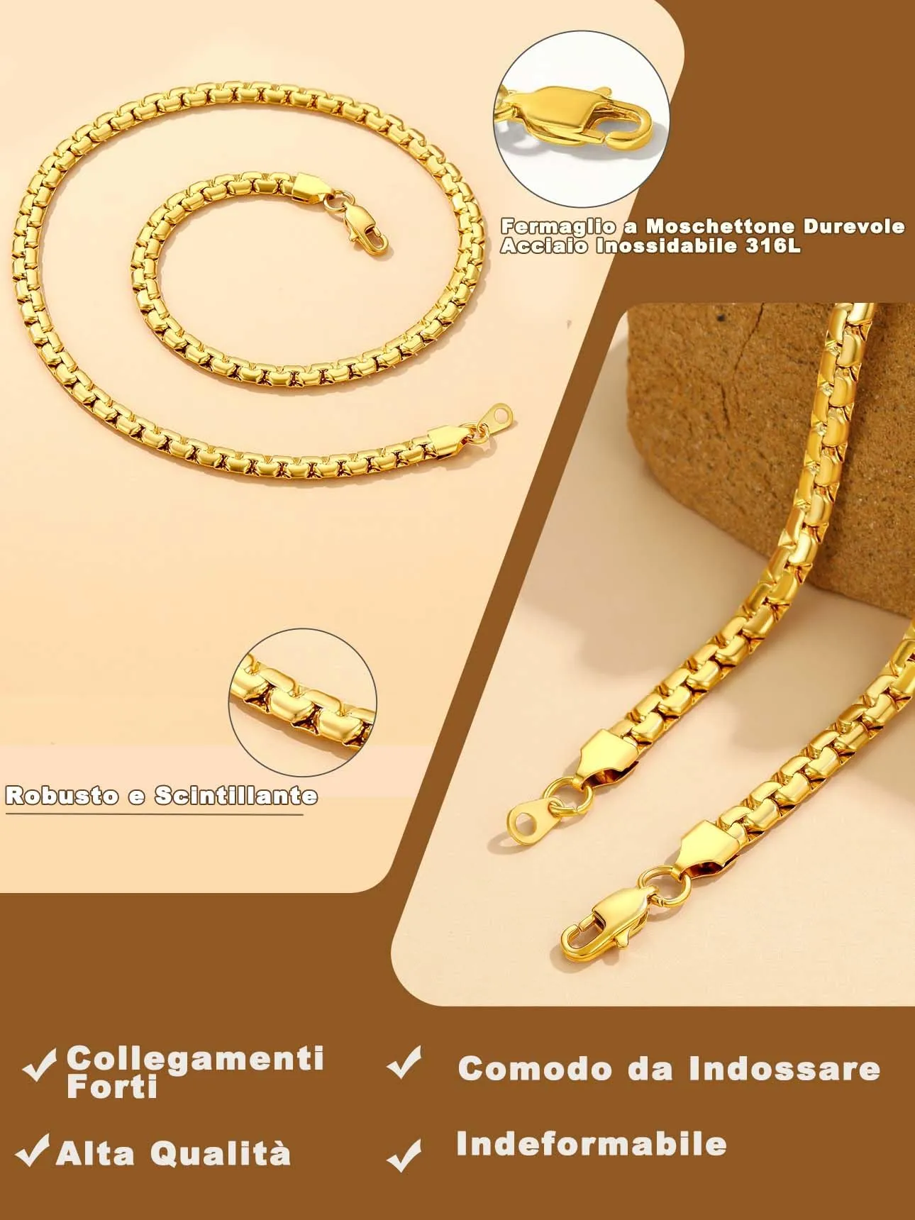 Suplight Collana a Catena Veneziana in Acciaio Inossidabile Placcato Oro 18K, 6 mm, 66 cm - immagine 4