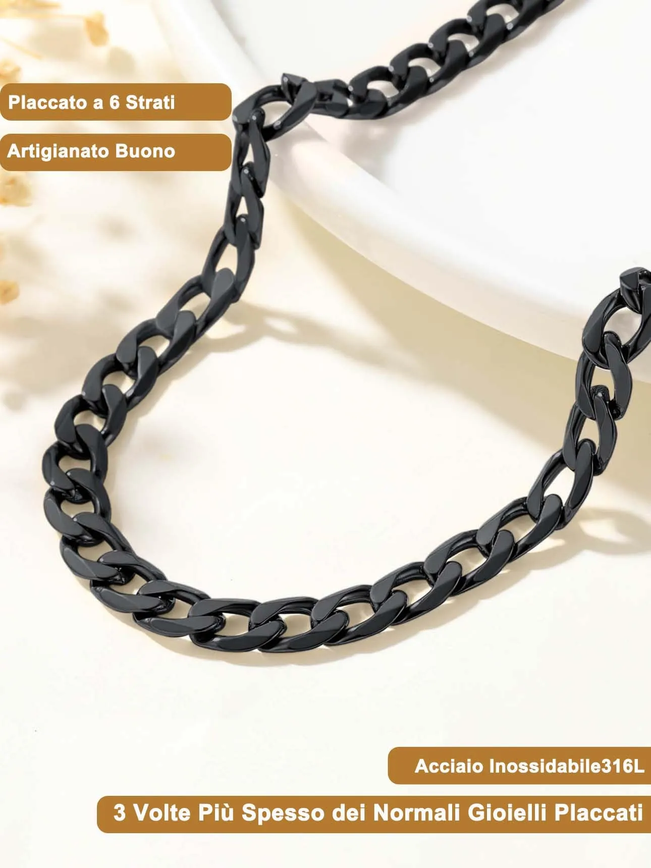 Suplight Collana Uomo Catena Maglia Cubana Miami Curb in Acciaio Inossidabile Placcato Nero, 4 mm, 46 cm - immagine 5