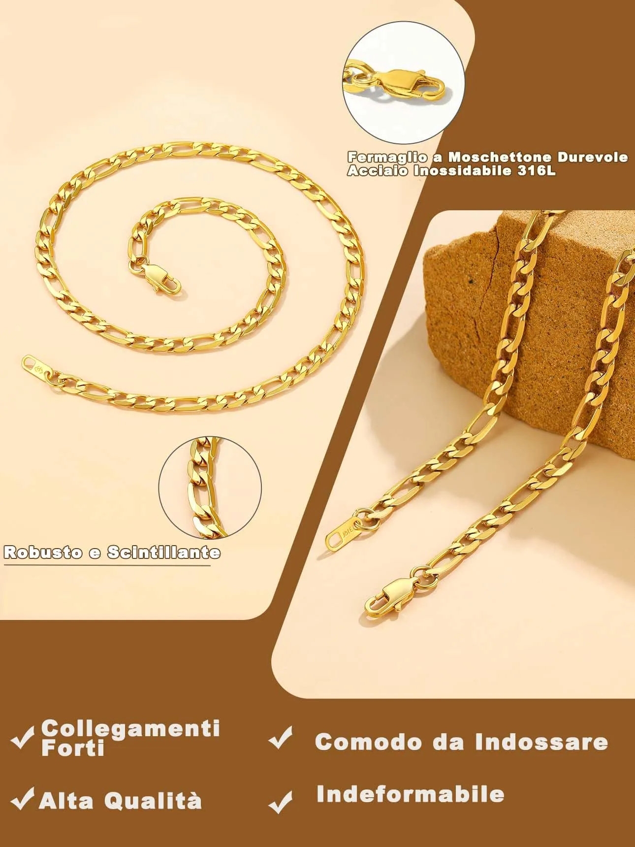 Suplight Collana uomo Figaro in acciaio inossidabile placcato oro 18K, 6 mm x 61 cm - immagine 4
